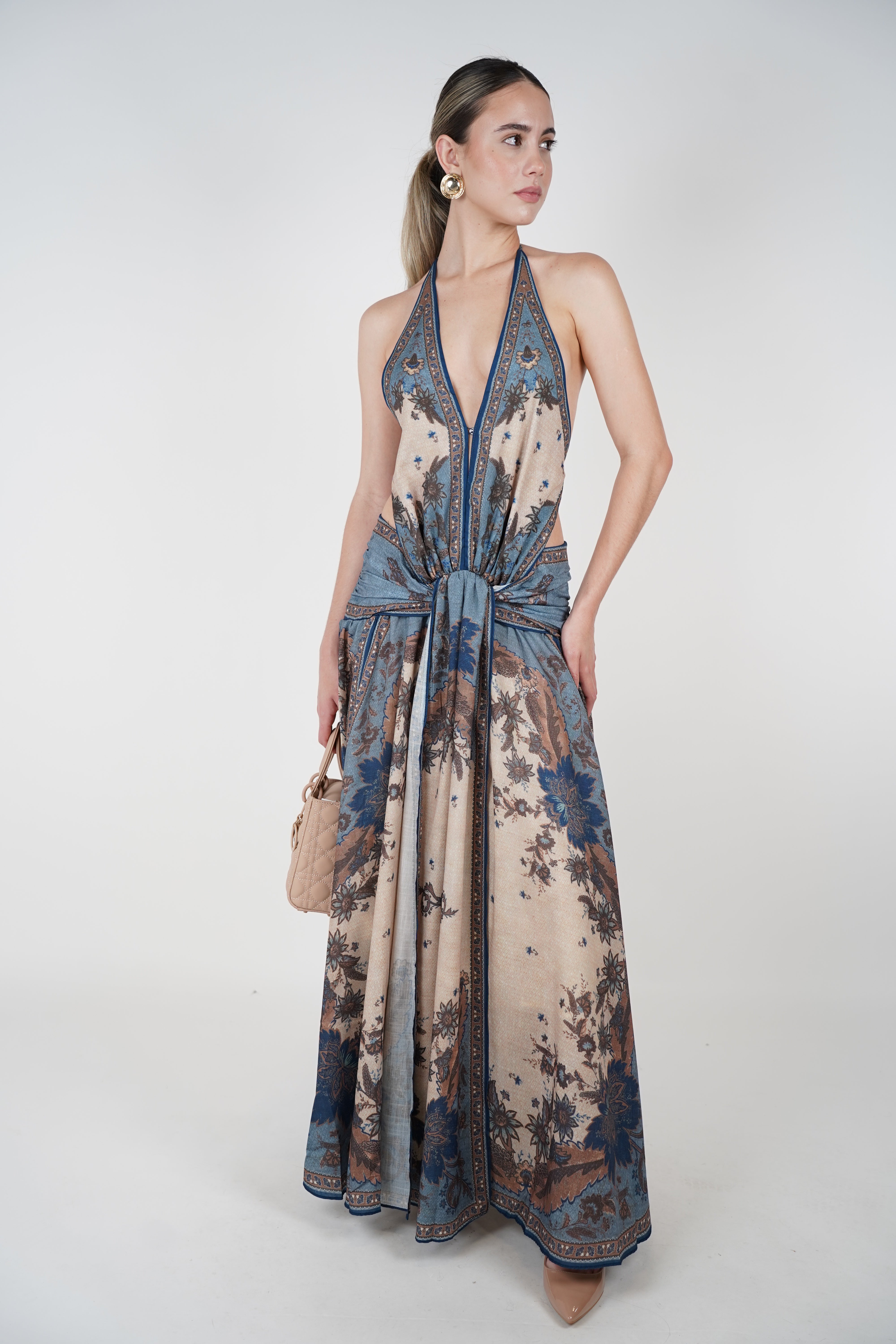 Elvia Stamped Maxi Dress – Boho Elegance in Blue & Mocha