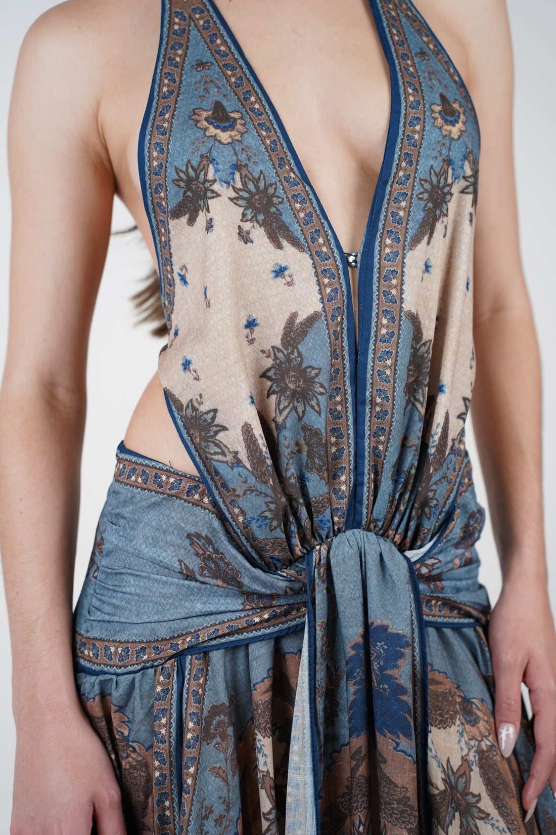Elvia Stamped Maxi Dress – Boho Elegance in Blue & Mocha