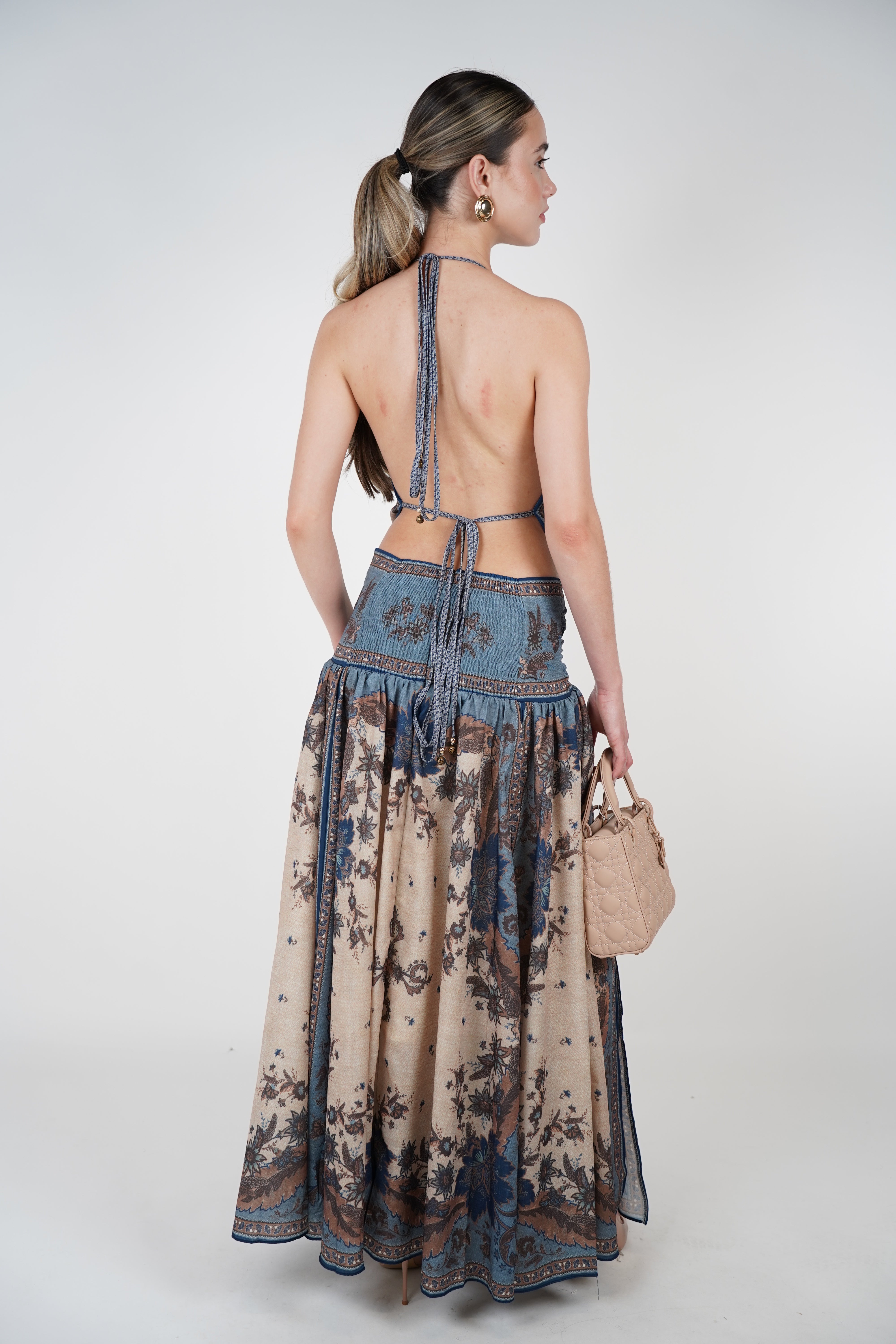Elvia Stamped Maxi Dress – Boho Elegance in Blue & Mocha