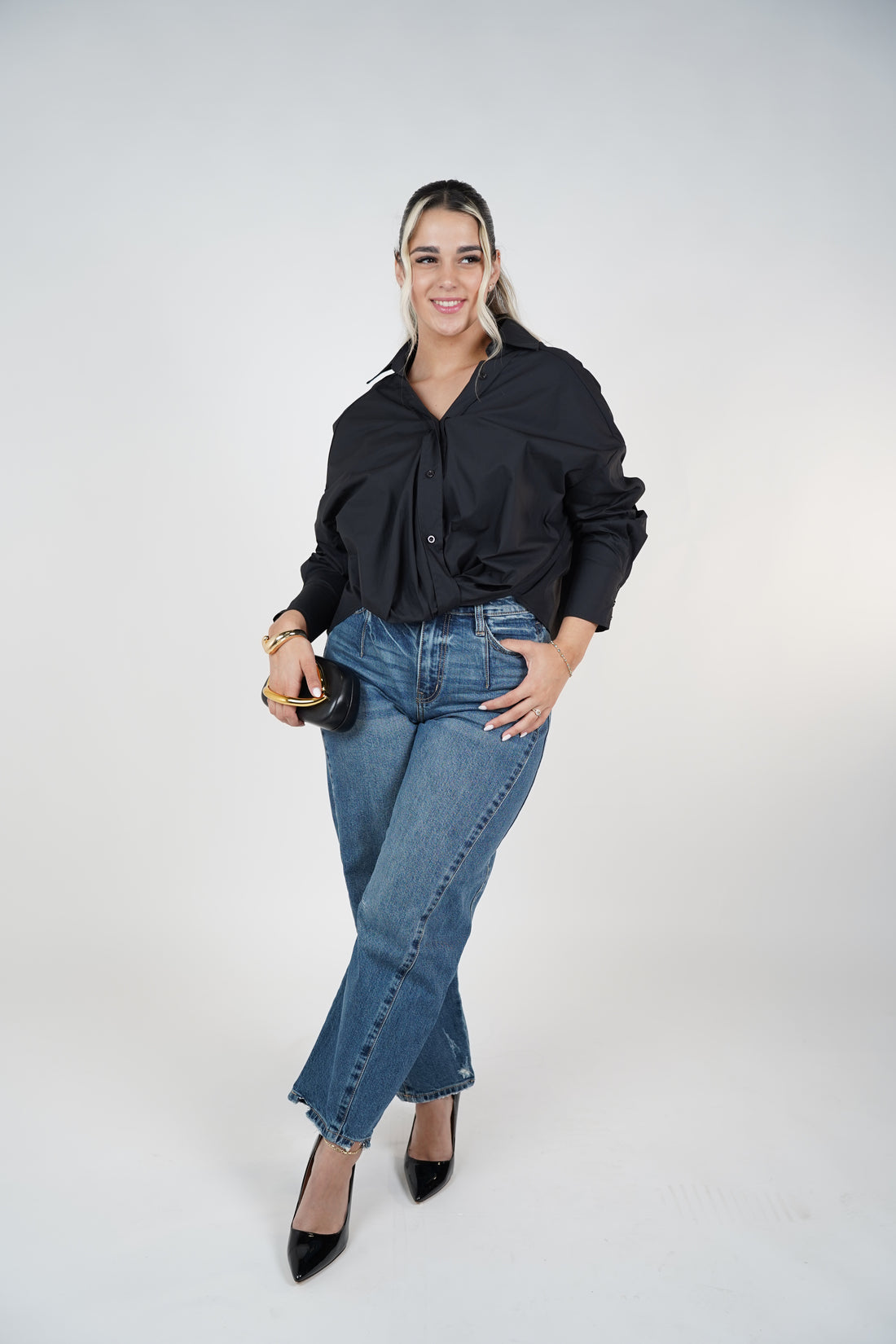 Llya Cross Front Button Down – Soft Blush Twist-Draped Shirt