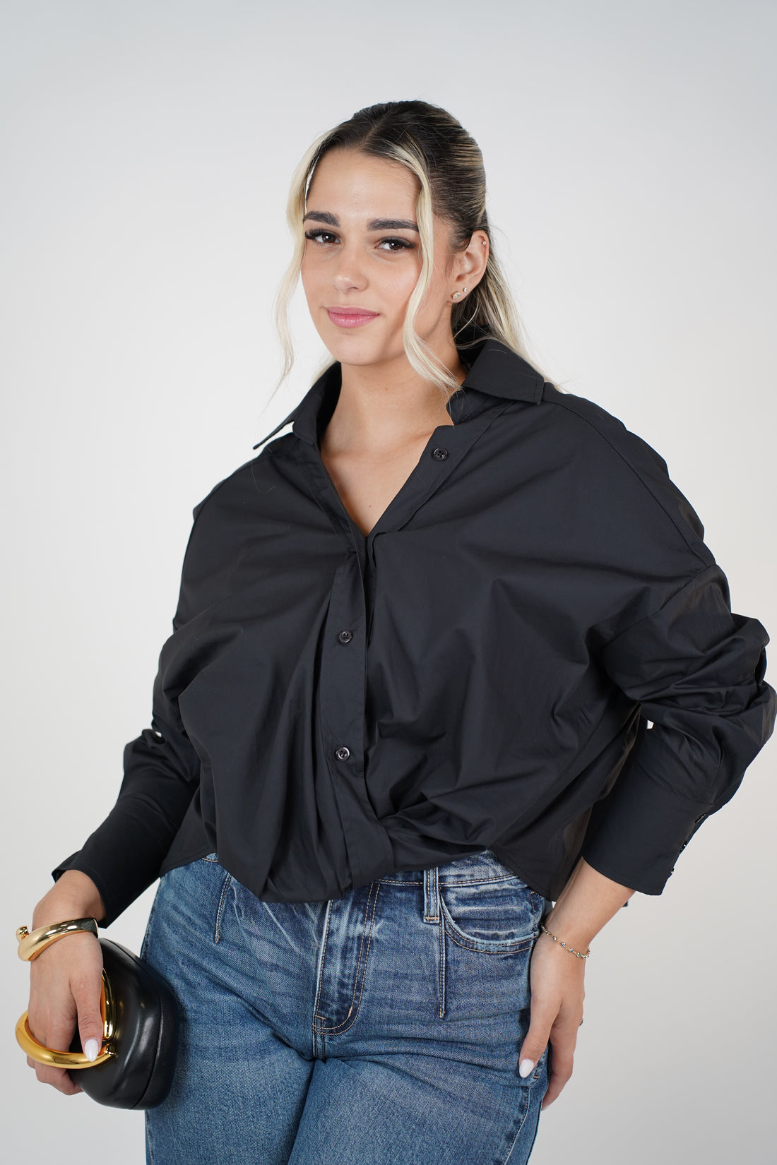 Llya Cross Front Button Down – Soft Blush Twist-Draped Shirt