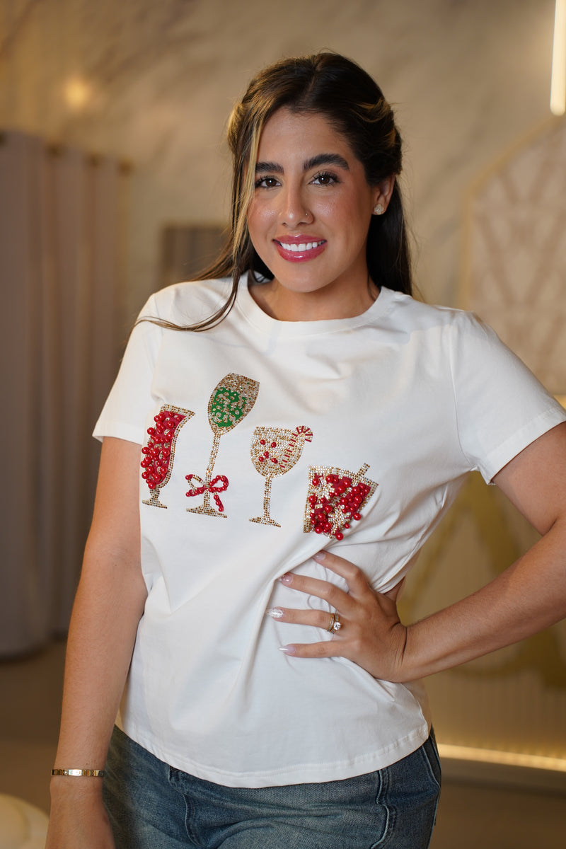 Cocktails T-Shirt – Beaded Graphic Tee with Sparkle and Fun