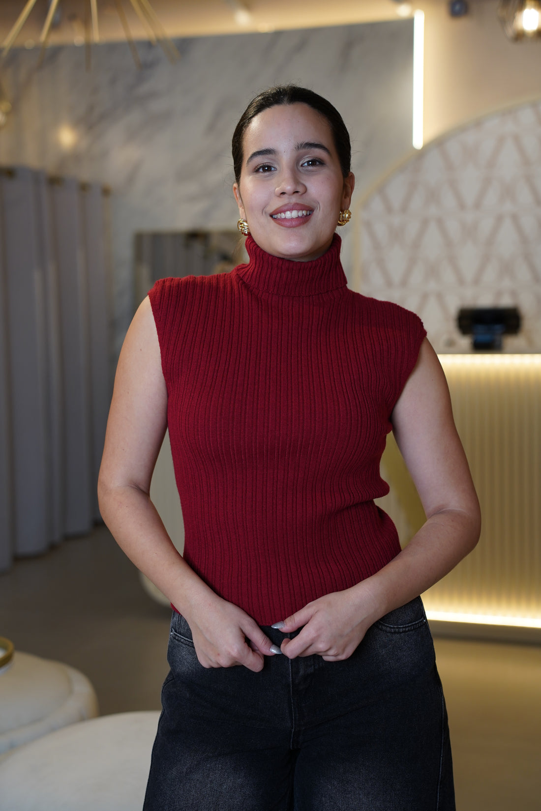 Lilian Sweater – Sleeveless Ribbed Turtleneck in Deep Wine