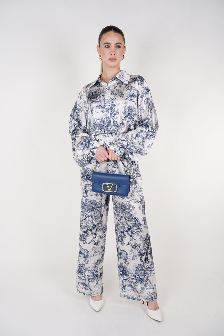 Maviel Stamped Pants Set | Blue Toile Print Two-Piece Outfit