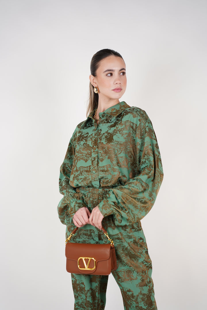 Jynae Stamped Pants Set | Green and Brown Printed Two-Piece Outfit