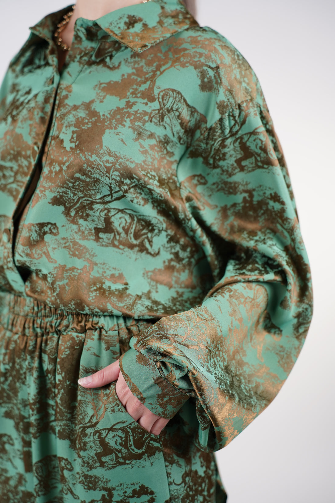 Jynae Stamped Pants Set | Green and Brown Printed Two-Piece Outfit