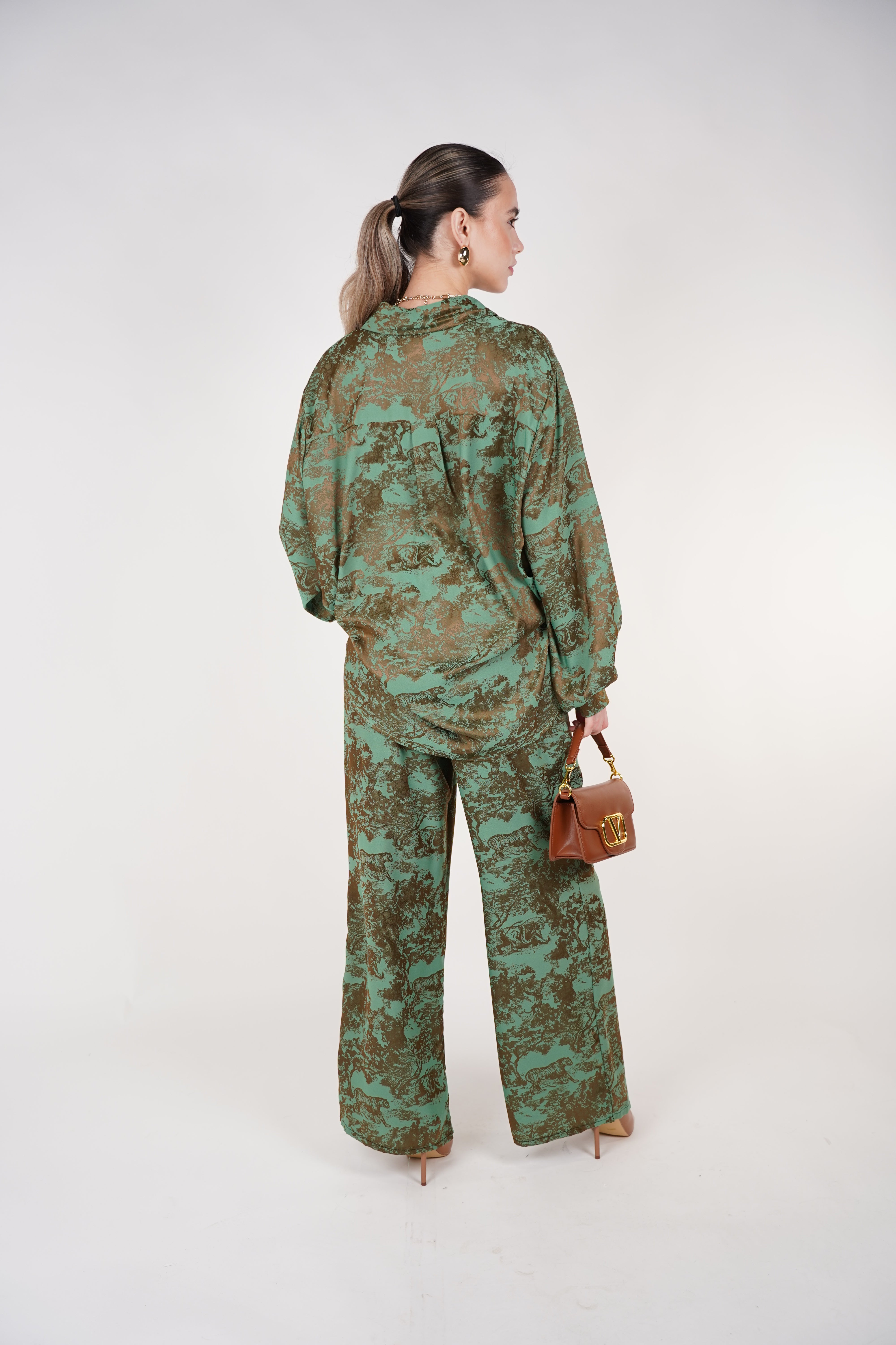 Jynae Stamped Pants Set | Green and Brown Printed Two-Piece Outfit