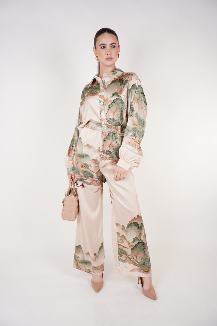 Kalyn Stamped Pants Set | Beige Sage Satin Printed Two-Piece Outfit