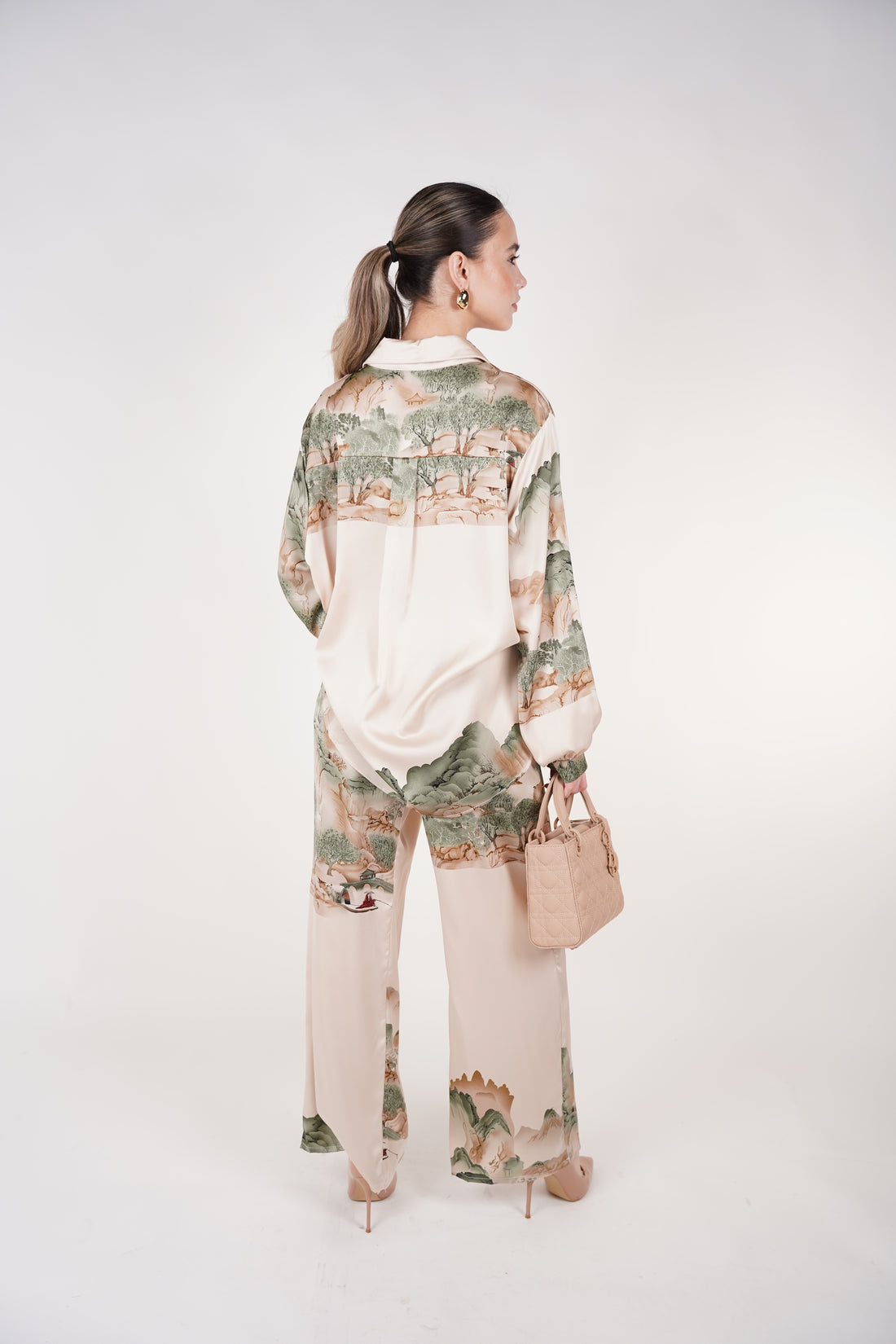 Kalyn Stamped Pants Set | Beige Sage Satin Printed Two-Piece Outfit