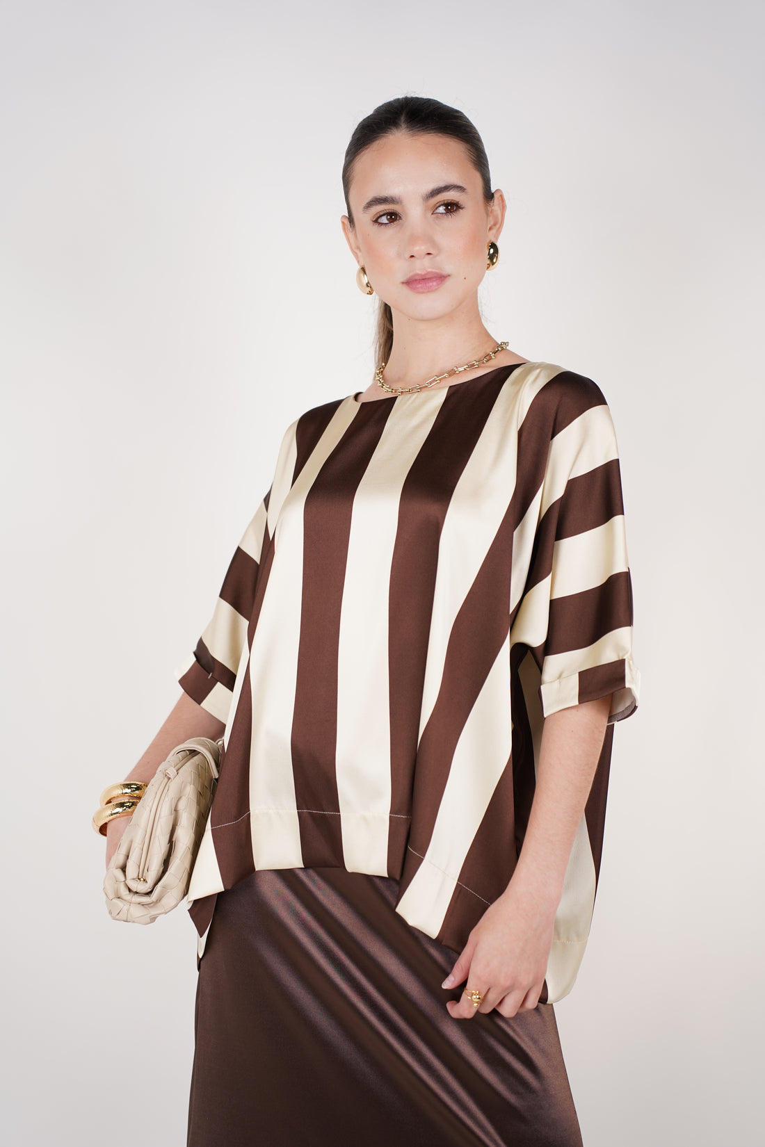 Orliria Striped Blouse | Brown &amp; Cream Oversized Satin Top