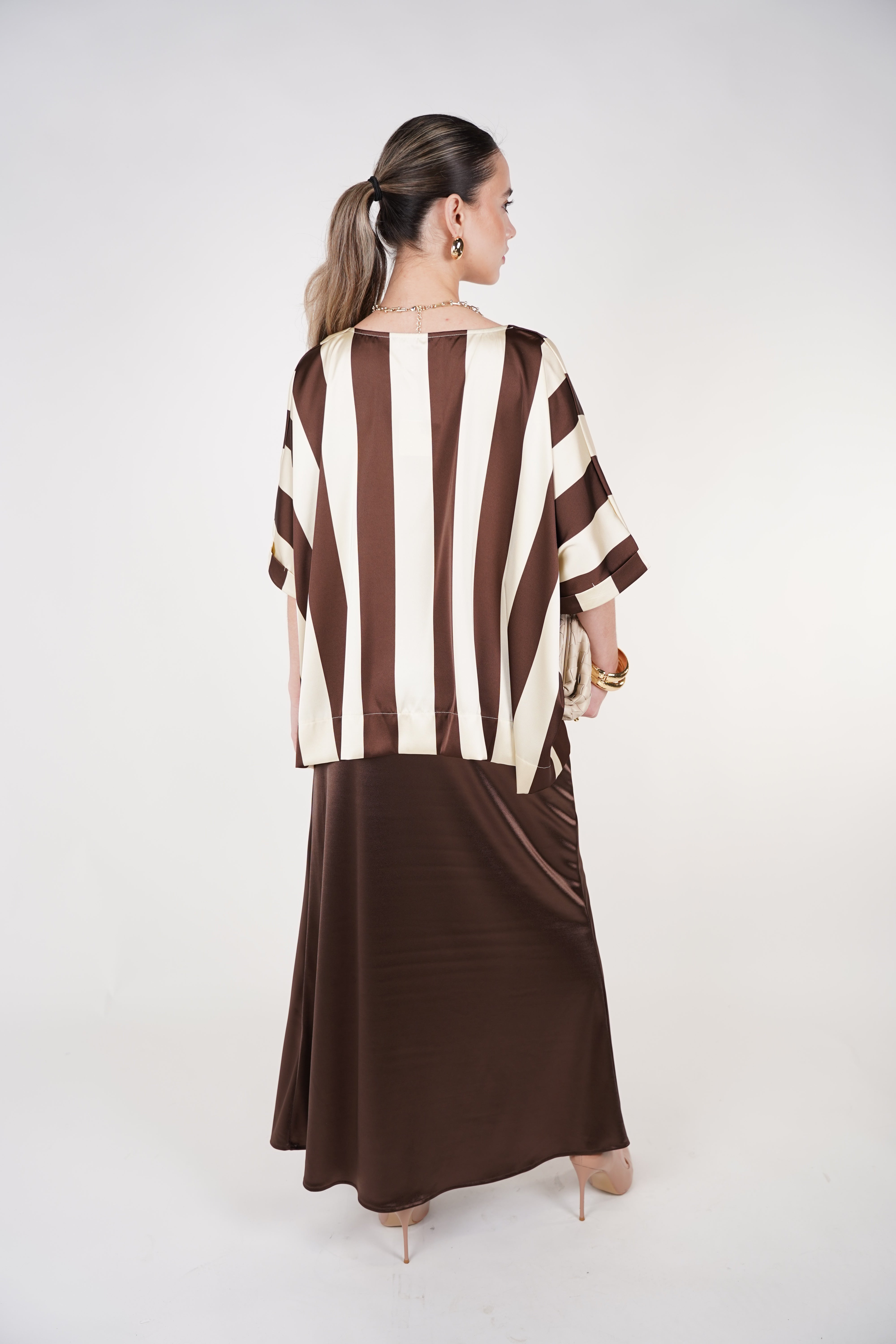 Orliria Striped Blouse | Brown &amp; Cream Oversized Satin Top