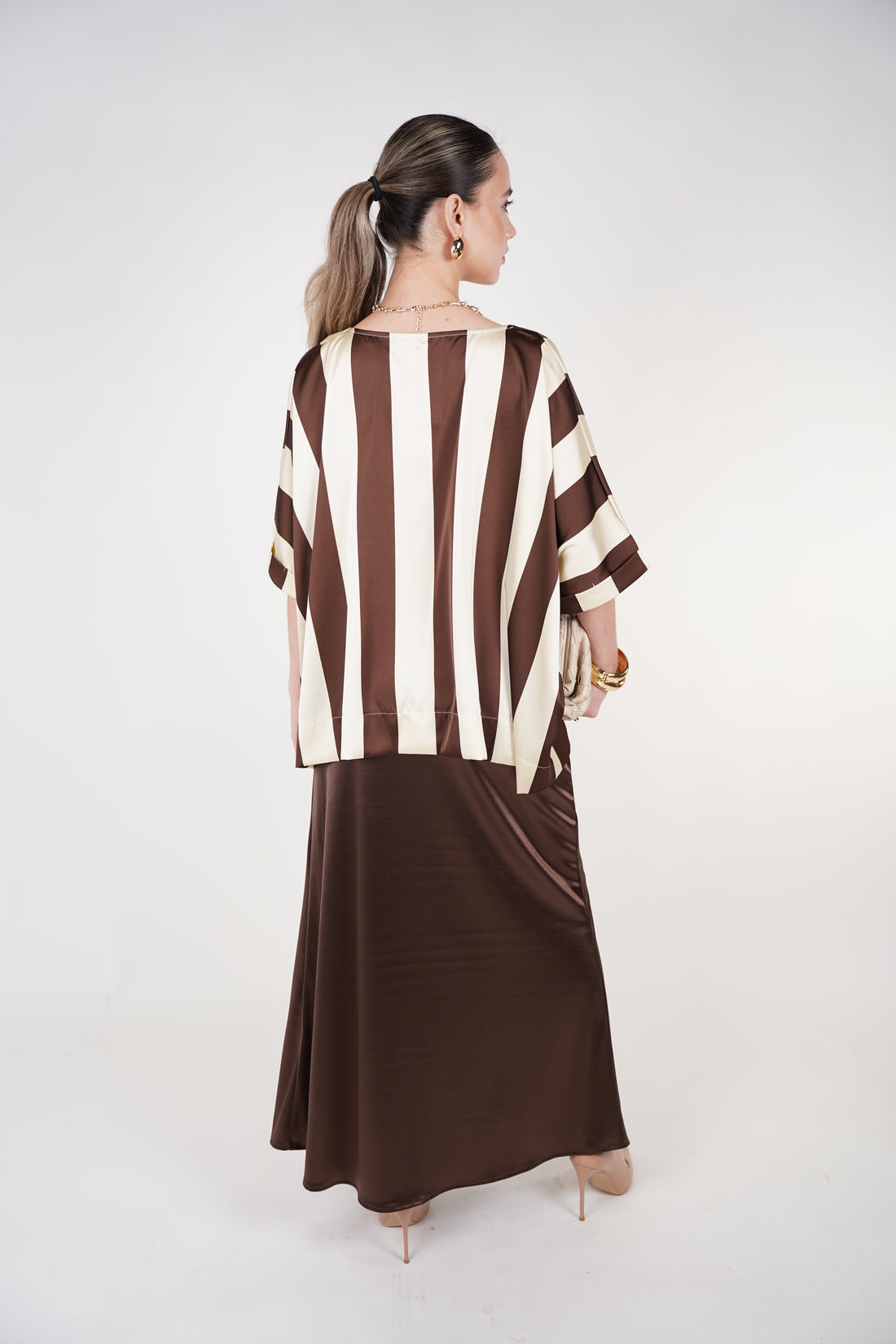 Orliria Striped Blouse | Brown &amp; Cream Oversized Satin Top