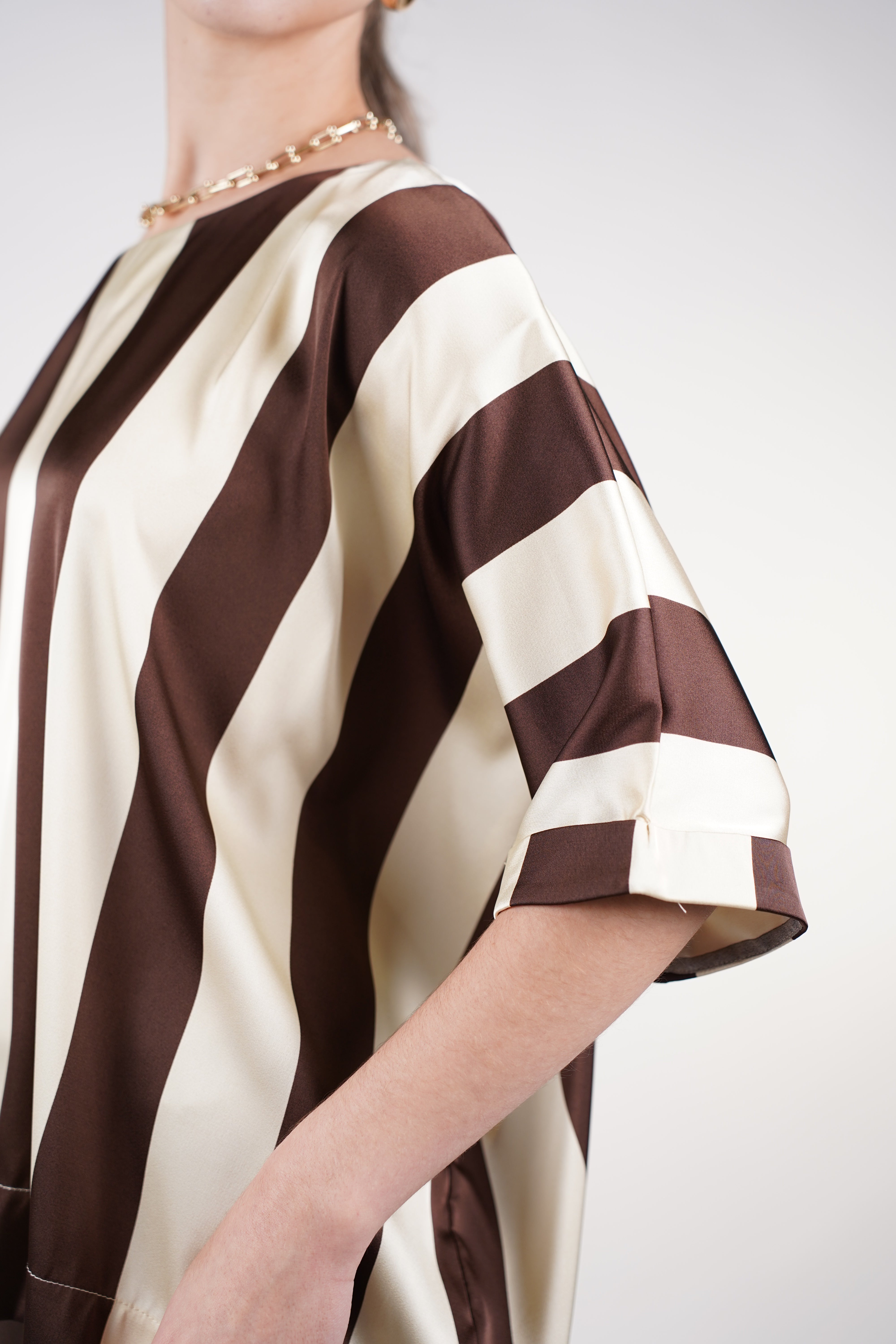 Orliria Striped Blouse | Brown &amp; Cream Oversized Satin Top
