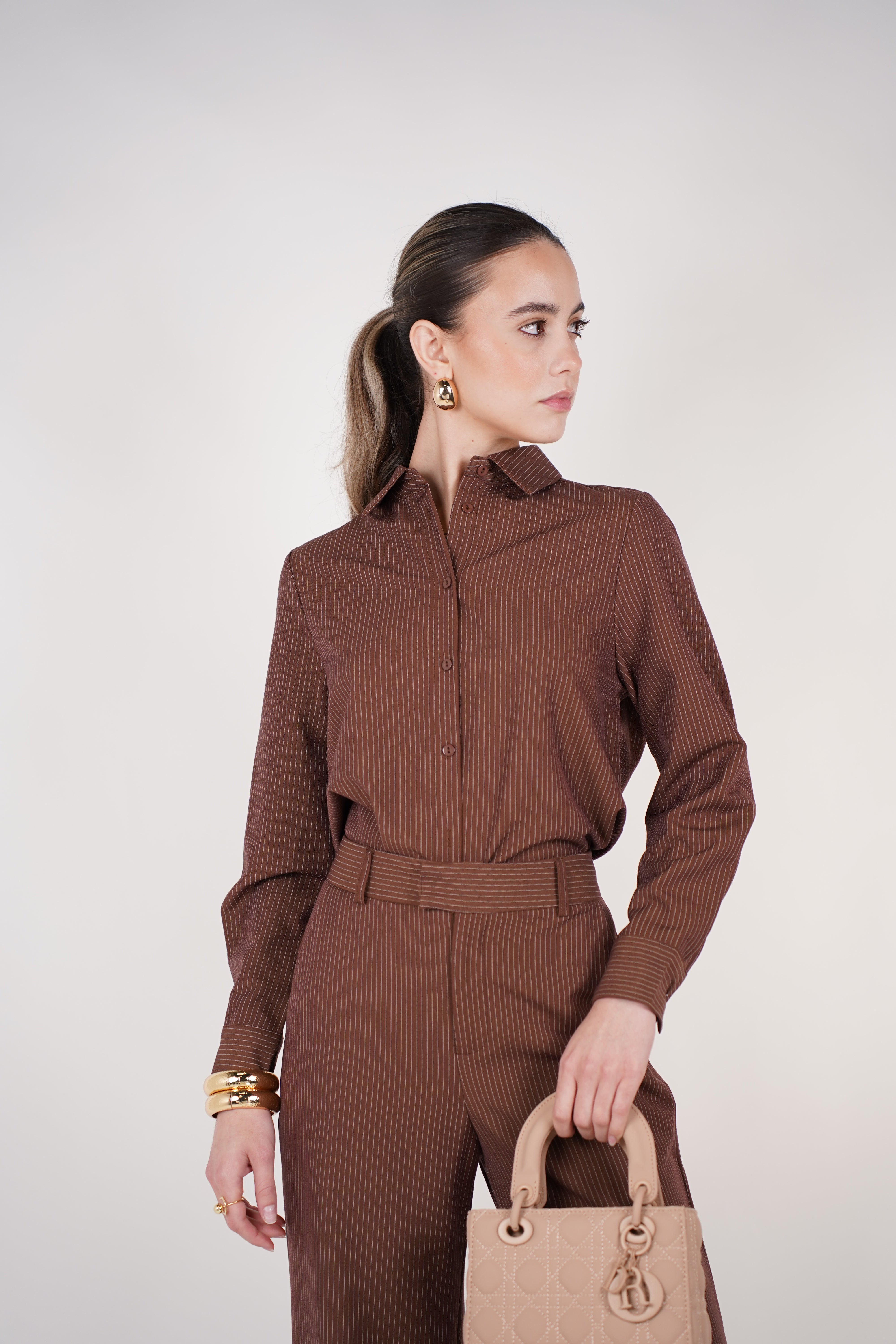 Belin Stripped Pants Set | Brown Striped Two-Piece Outfit