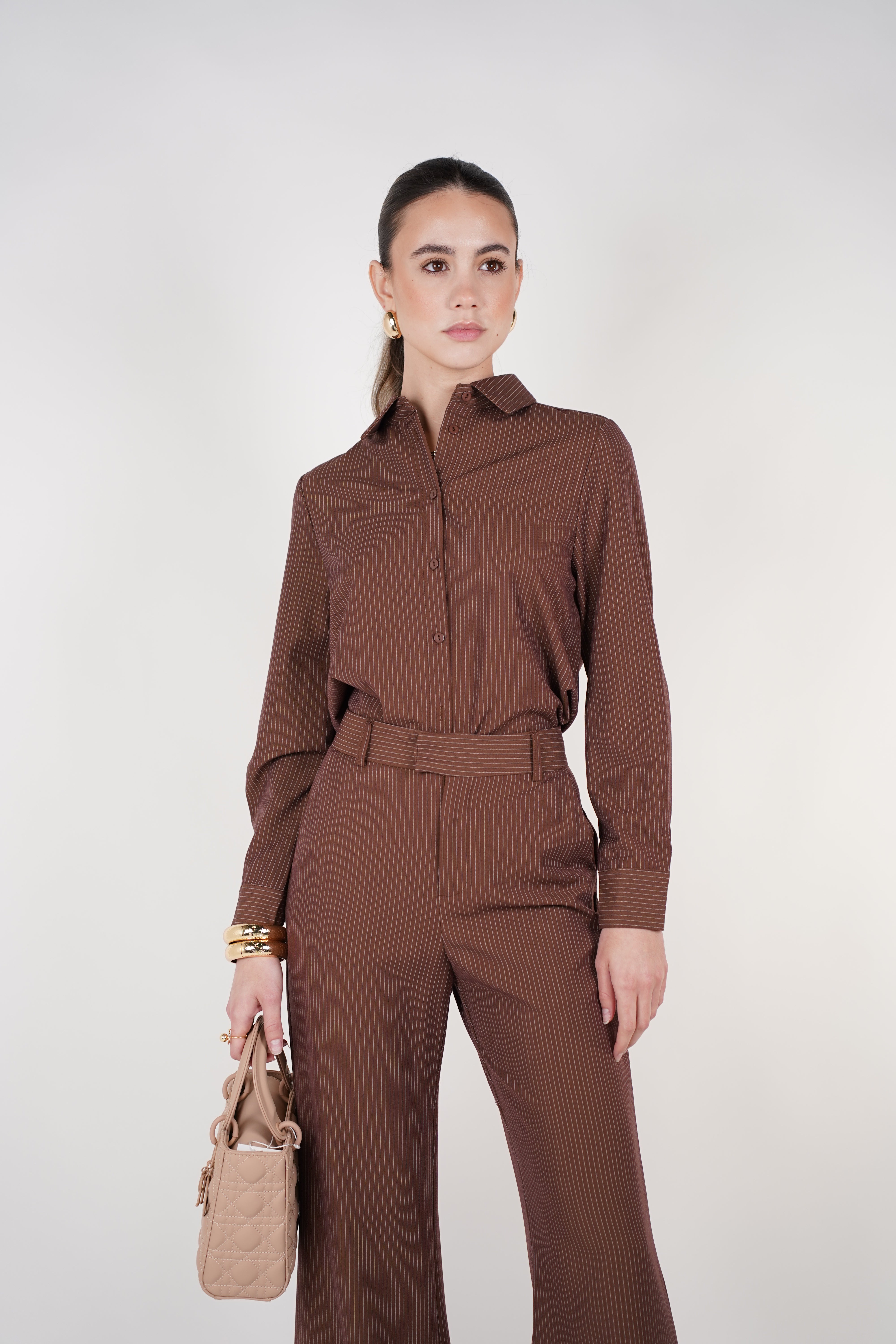 Belin Stripped Pants Set | Brown Striped Two-Piece Outfit