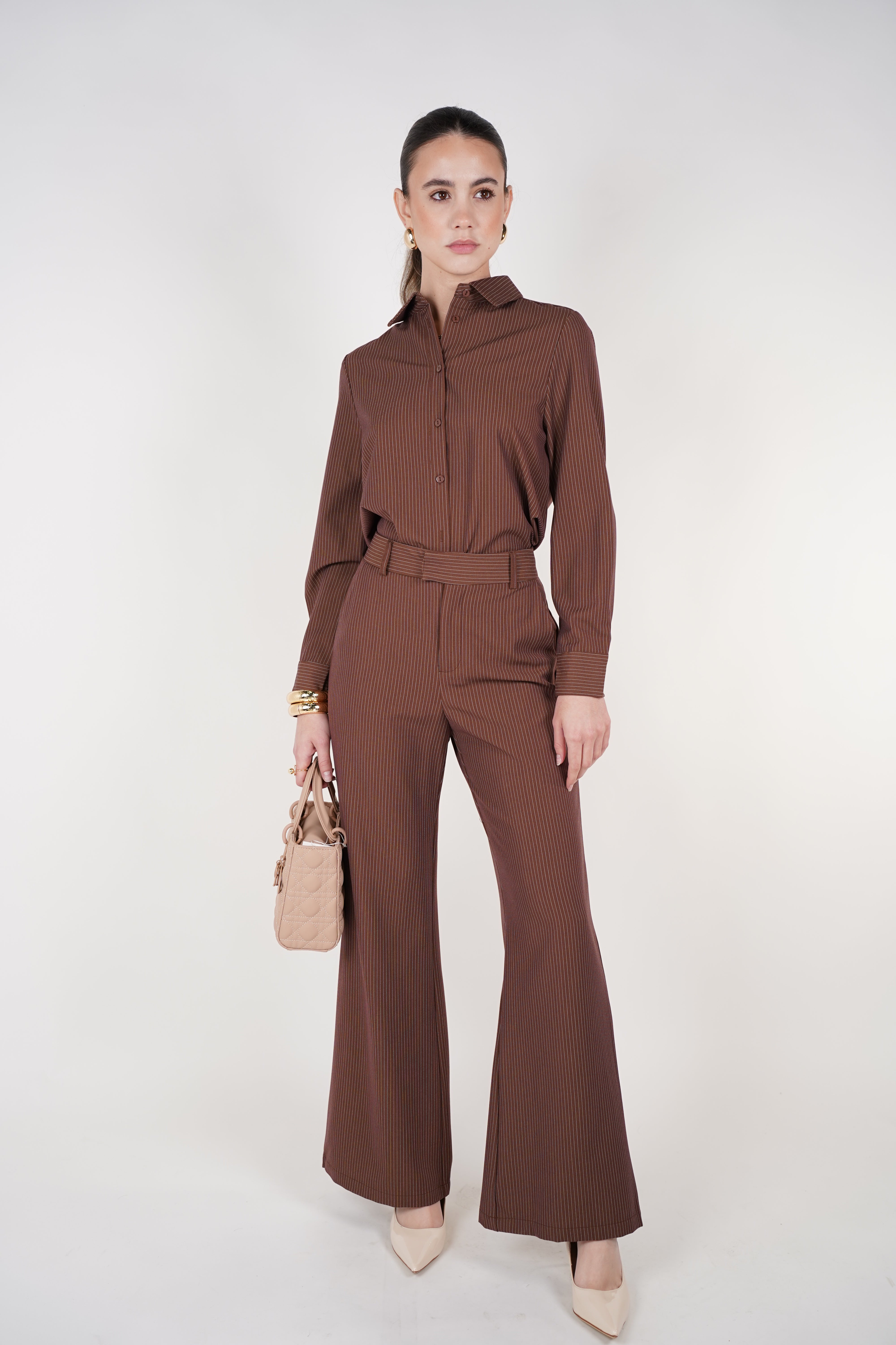 Belin Stripped Pants Set | Brown Striped Two-Piece Outfit