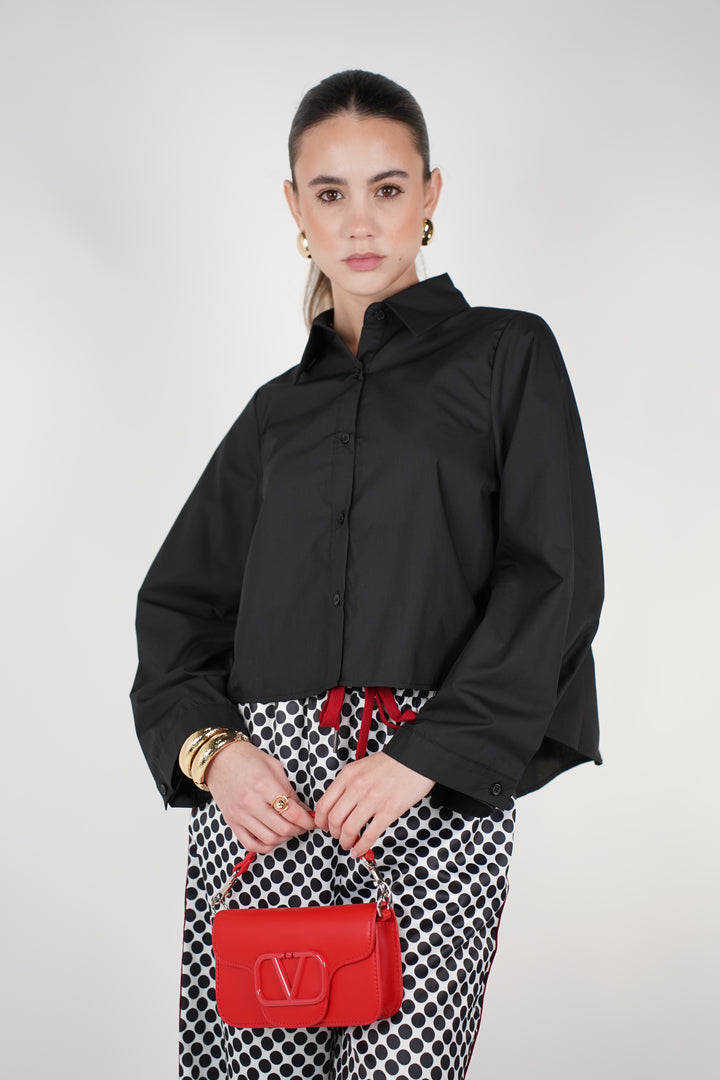 Fiora Cropped Poplin Shirt | Black Button-Down Top