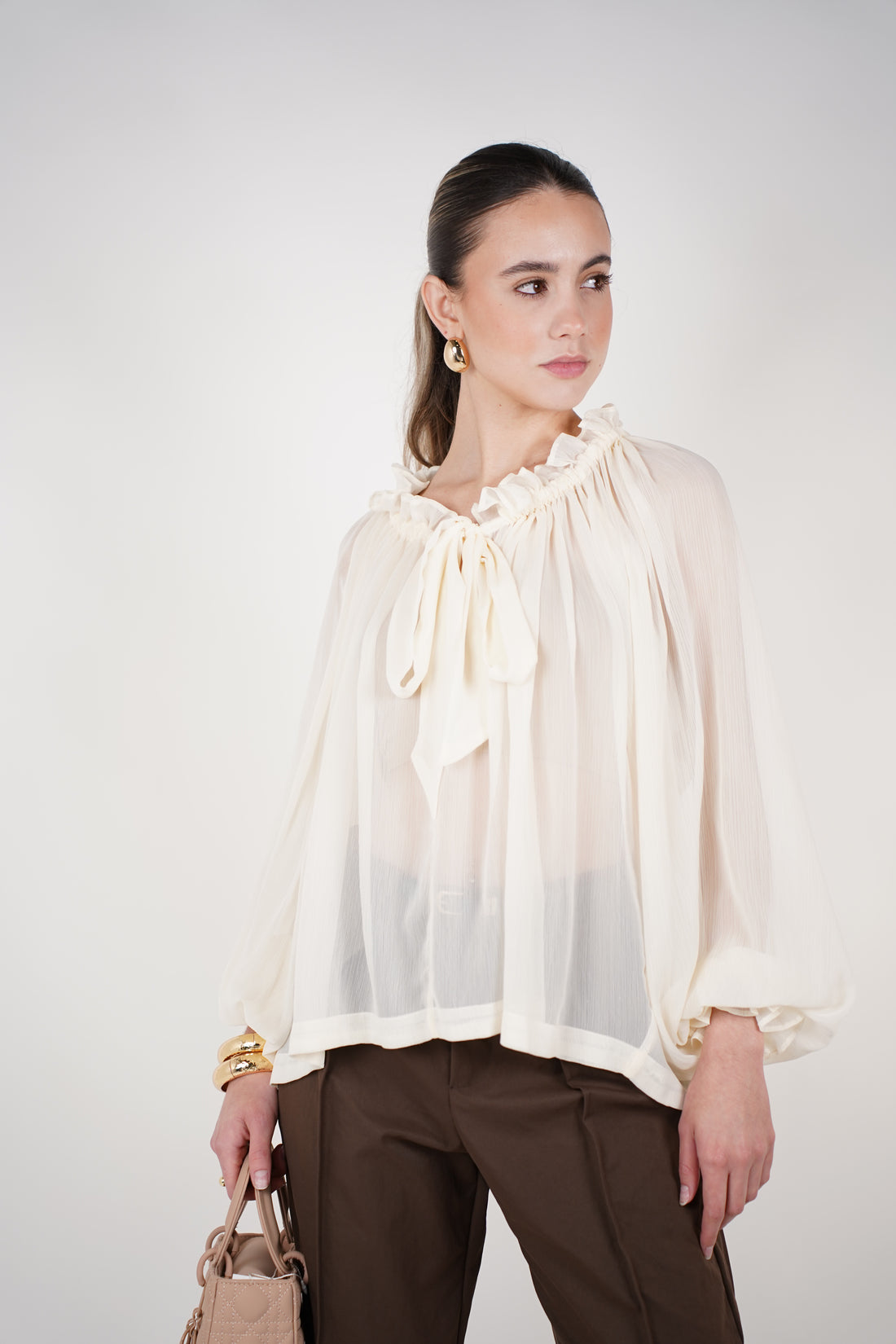 Mirelle Sheer Ribbon Blouse | Elegant Cream Ruffle Top