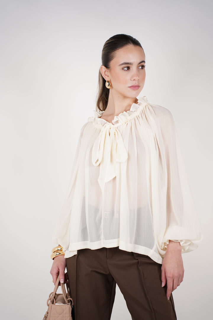 Mirelle Sheer Ribbon Blouse | Elegant Cream Ruffle Top