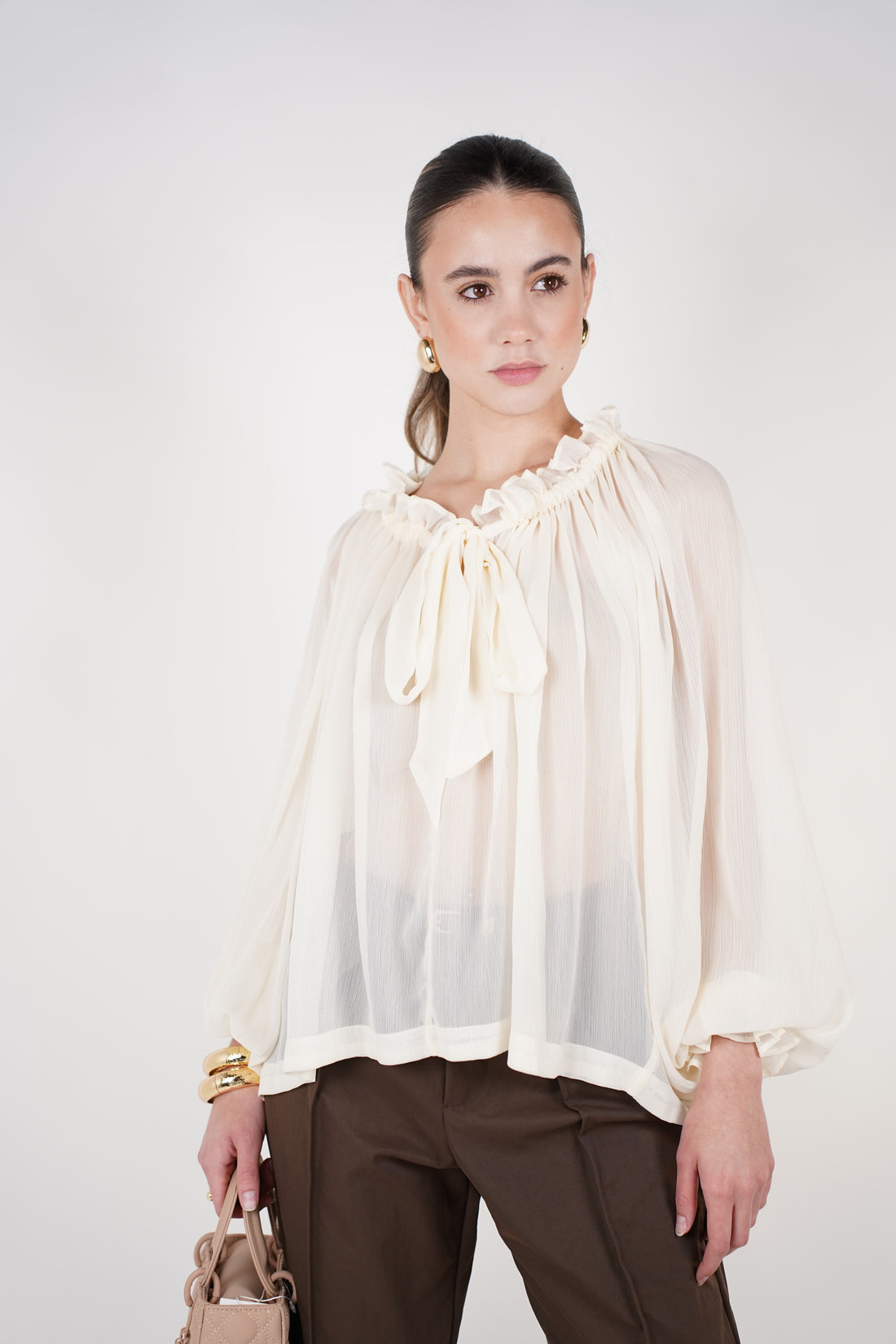Mirelle Sheer Ribbon Blouse | Elegant Cream Ruffle Top