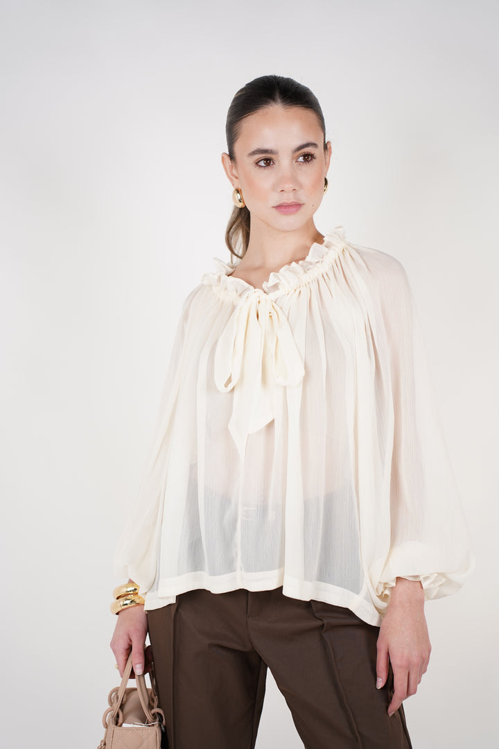 Mirelle Sheer Ribbon Blouse | Elegant Cream Ruffle Top