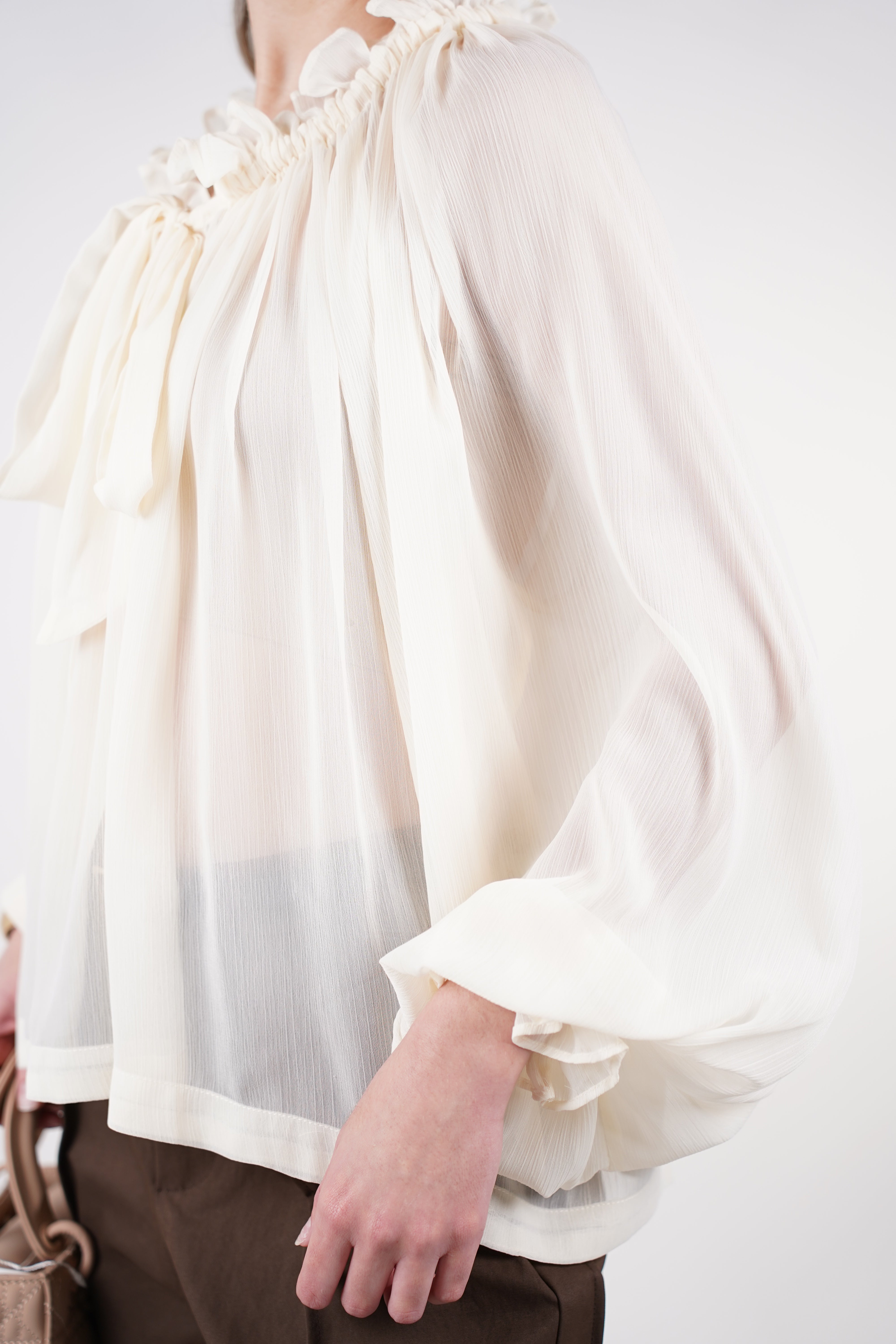 Mirelle Sheer Ribbon Blouse | Elegant Cream Ruffle Top