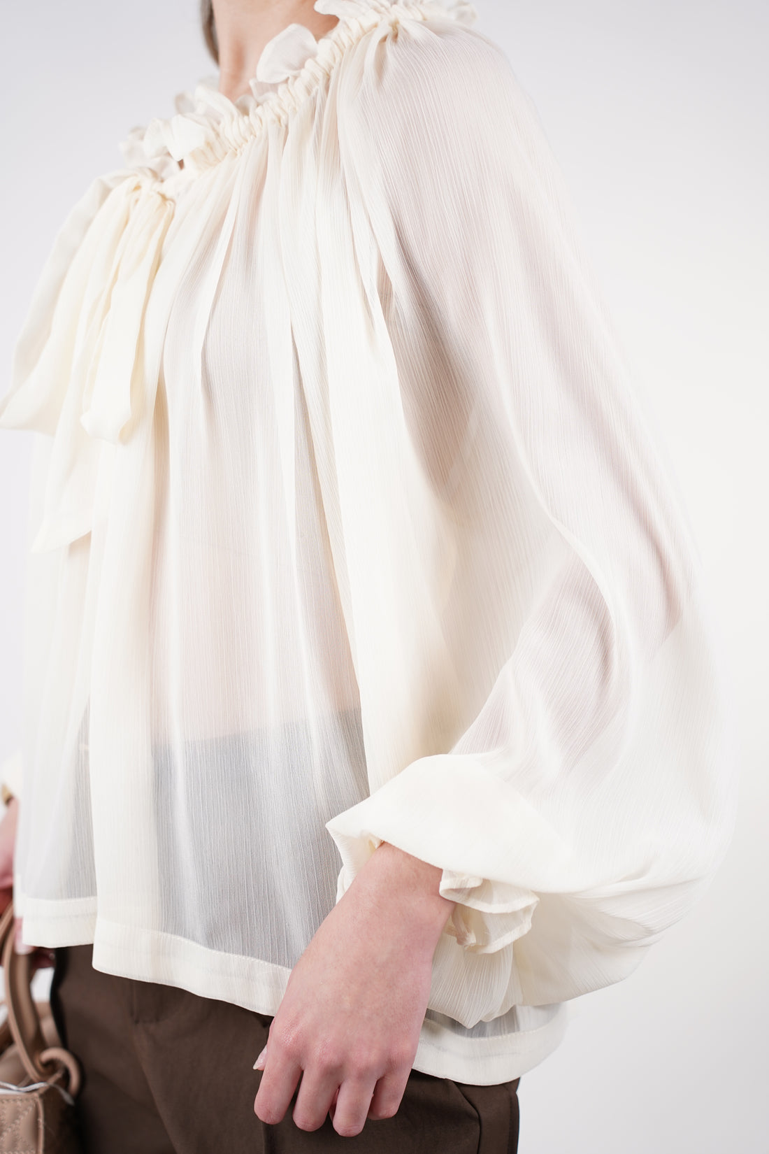 Mirelle Sheer Ribbon Blouse | Elegant Cream Ruffle Top