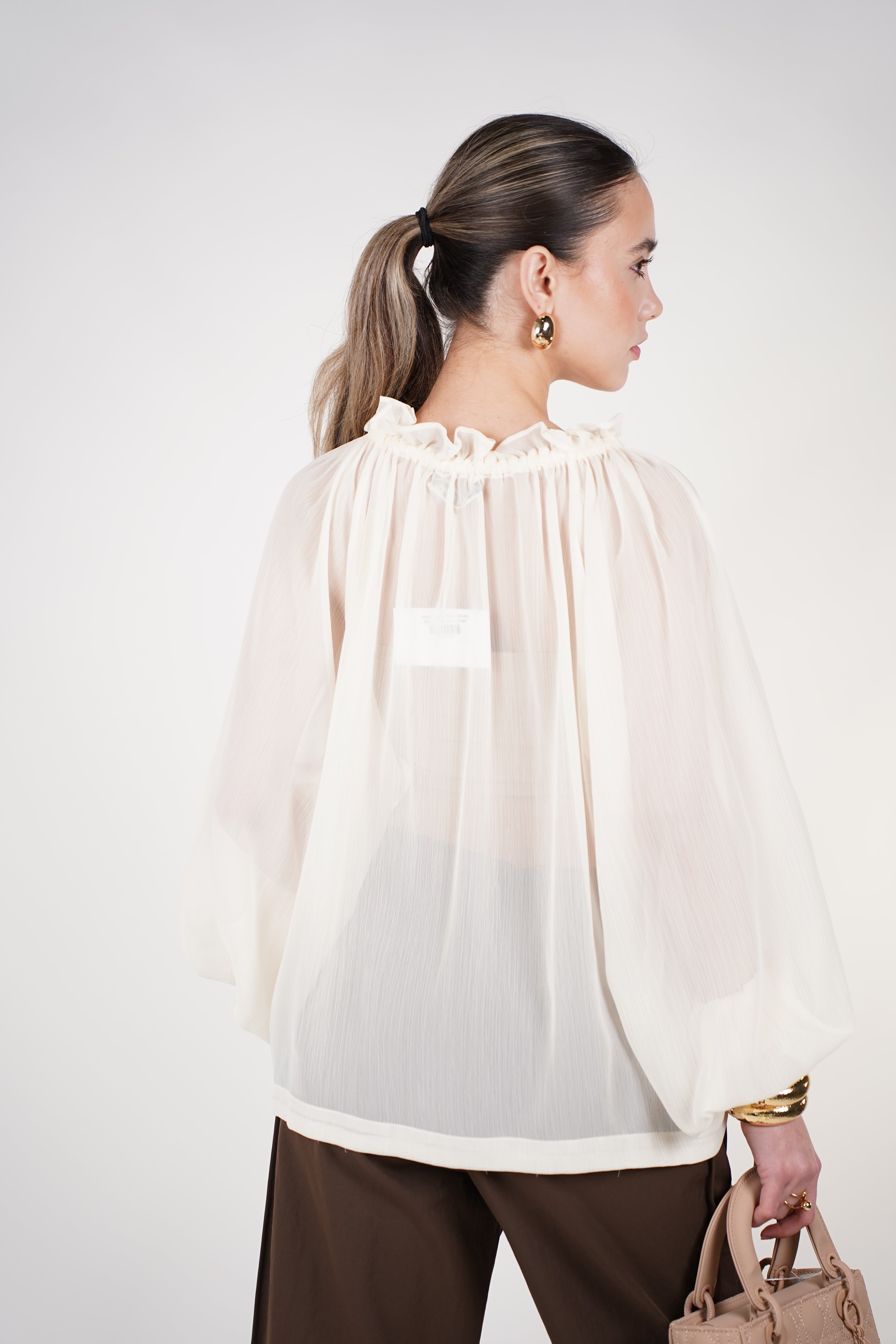 Mirelle Sheer Ribbon Blouse | Elegant Cream Ruffle Top