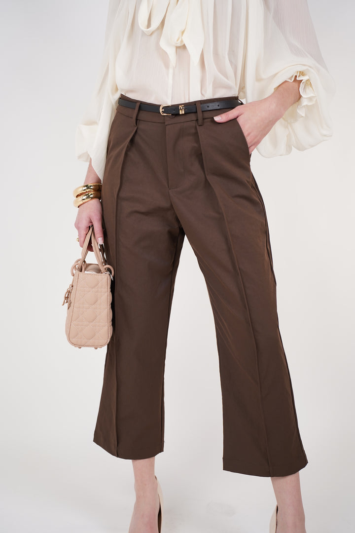 Auria Belted Cropped Pants | Brown Tailored Cropped Trousers