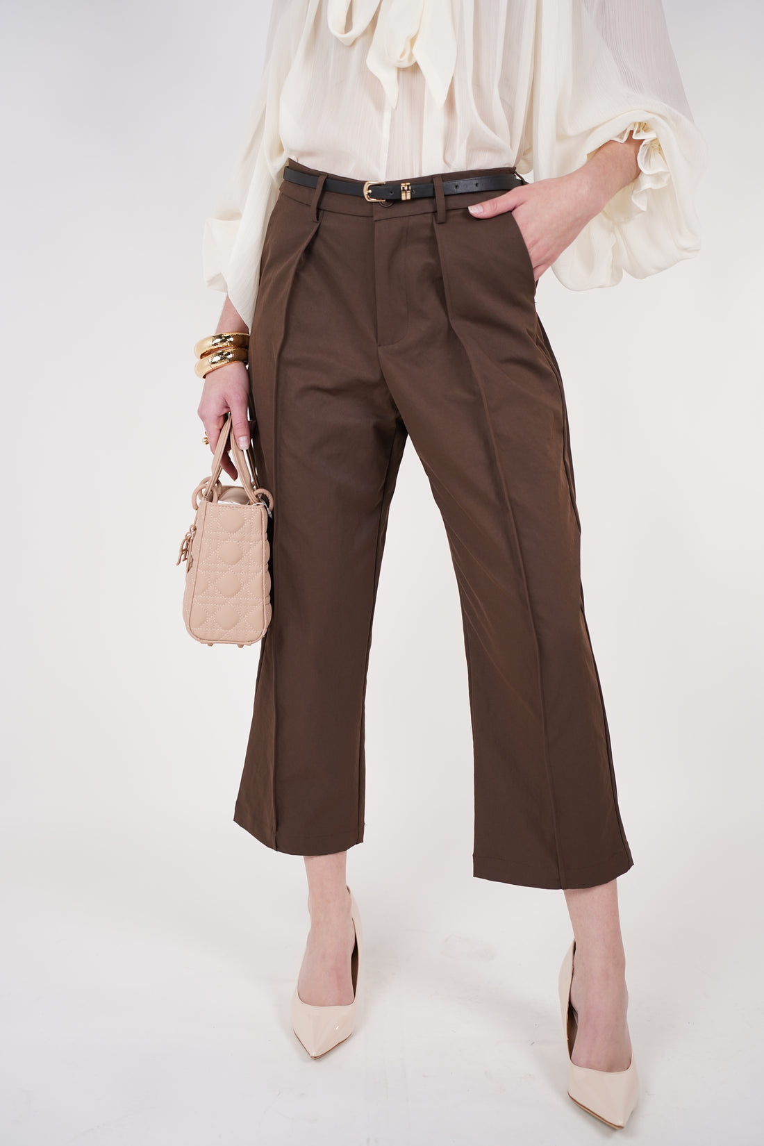 Auria Belted Cropped Pants | Brown Tailored Cropped Trousers