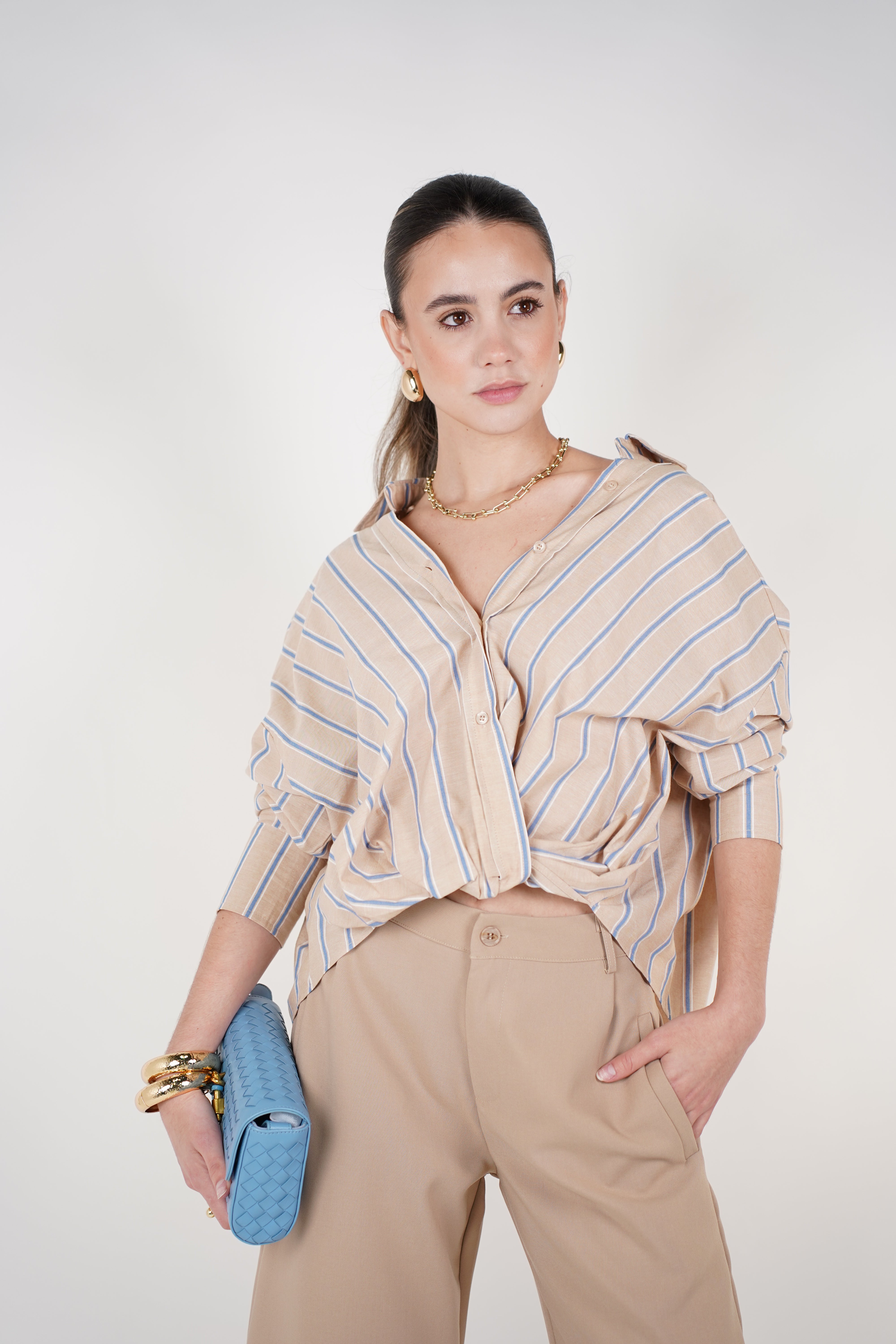 Elyss Striped Button Down – Neutral Oversized Button Up Top