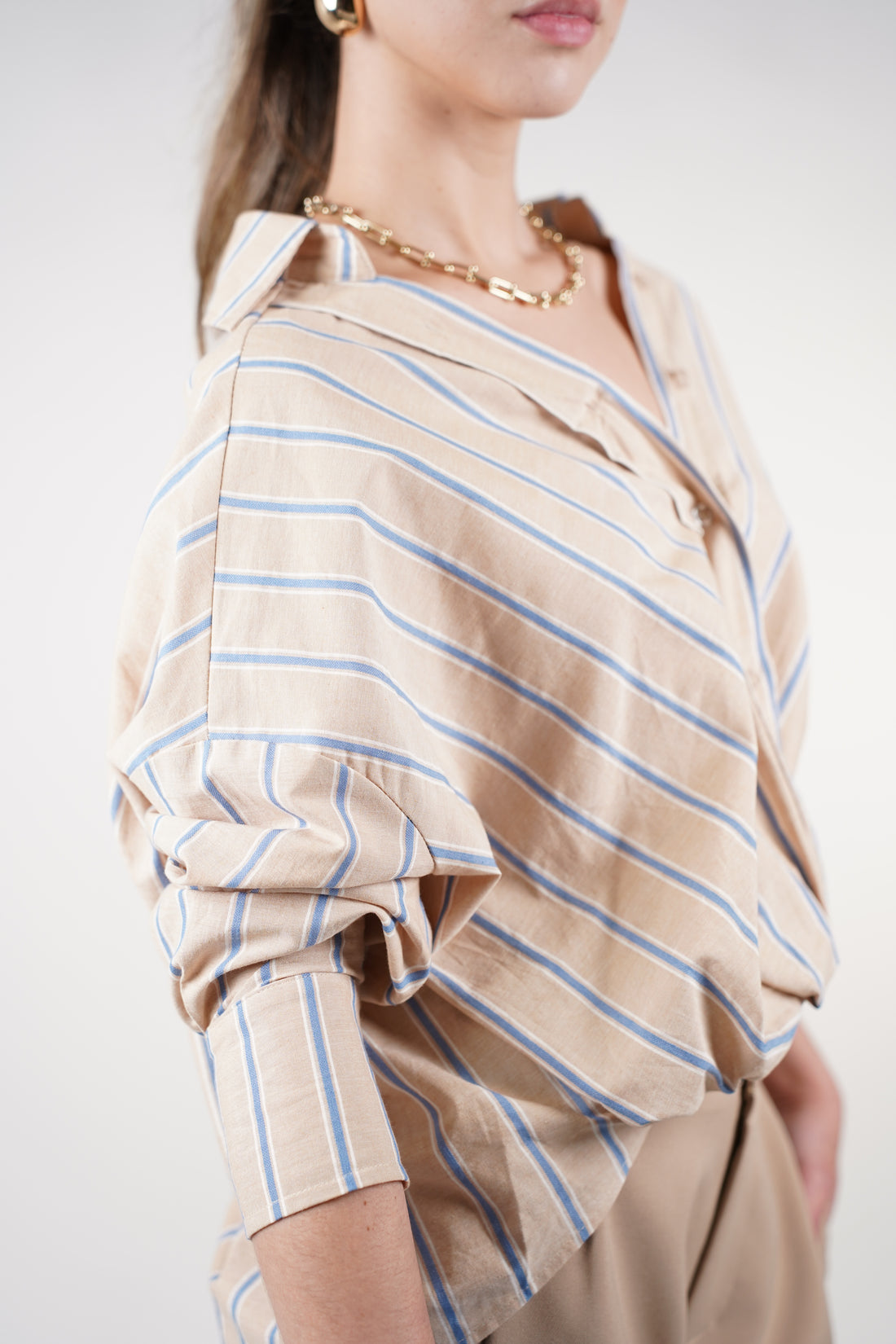 Elyss Striped Button Down – Neutral Oversized Button Up Top