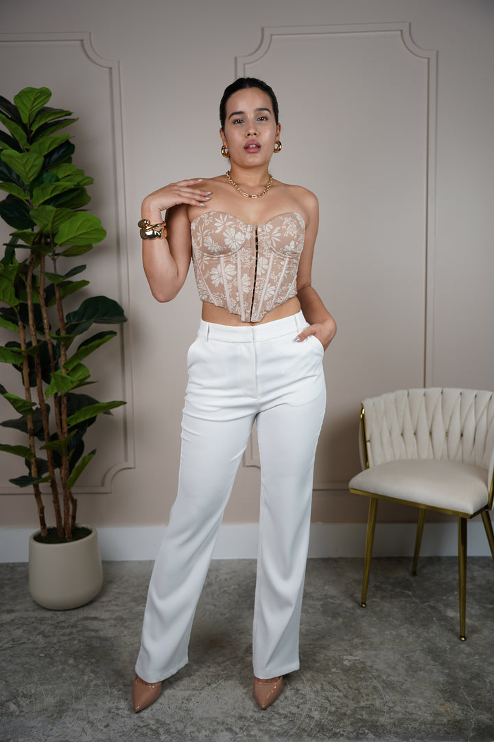 Yeli Corset Top – Nude Floral Boned Corset for a Structured, Romantic Look