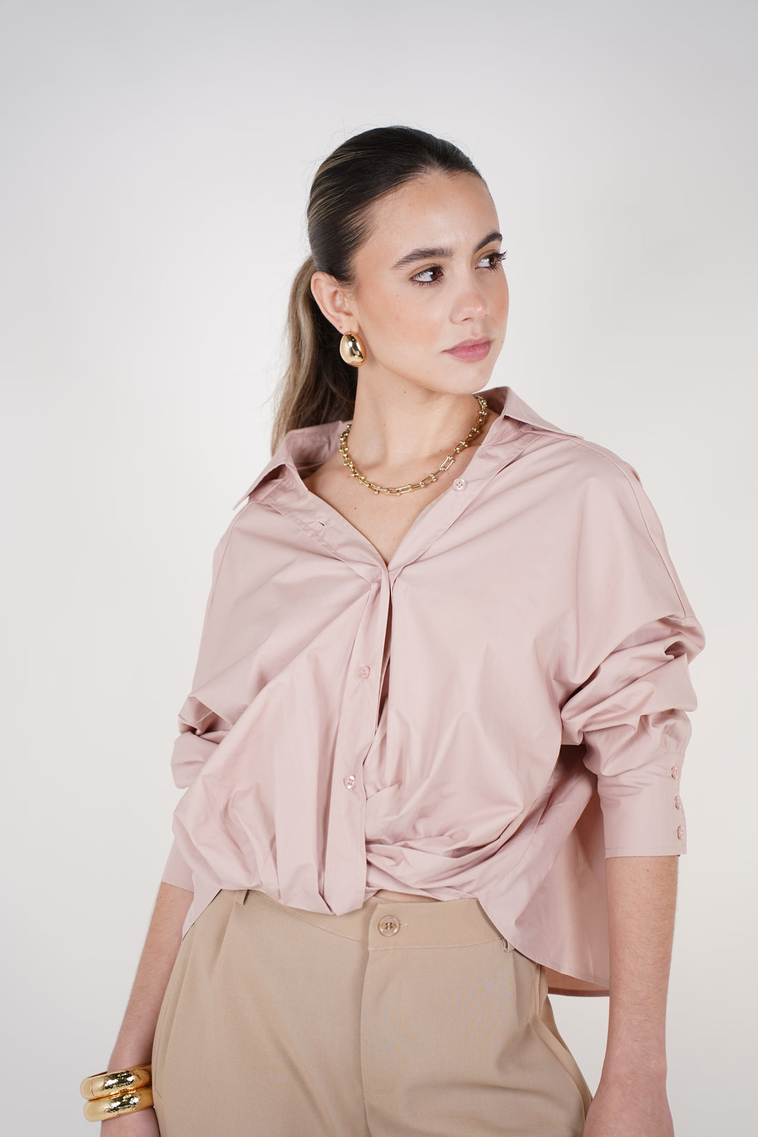 Llya Cross Front Button Down – Soft Blush Twist-Draped Shirt