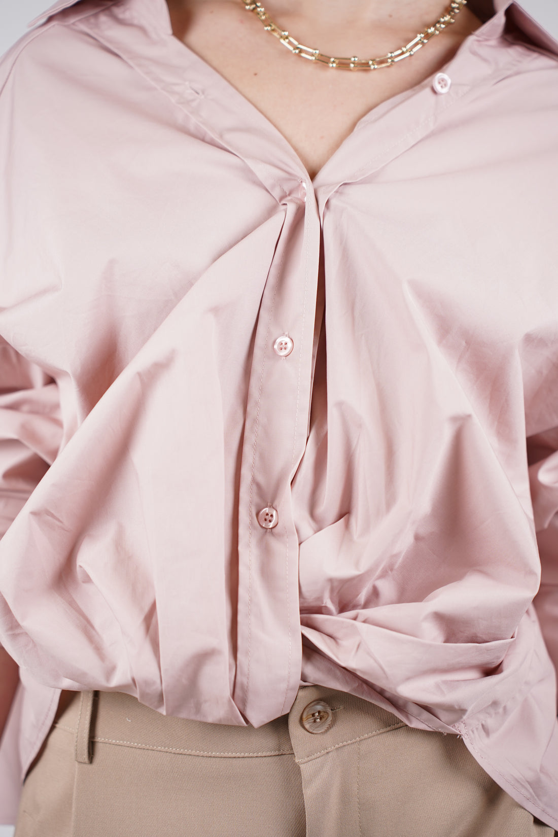 Llya Cross Front Button Down – Soft Blush Twist-Draped Shirt