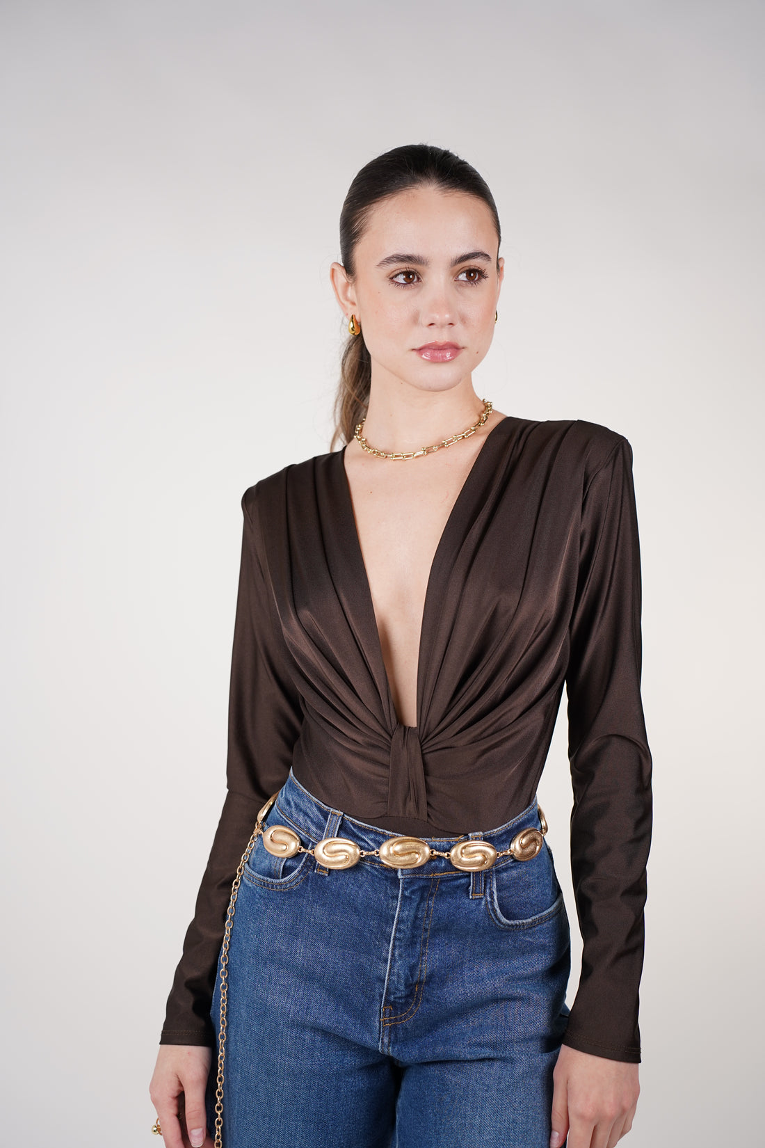 Marcelita Longsleeve Bodysuit – Satin Knot-Front Deep V Bodysuit