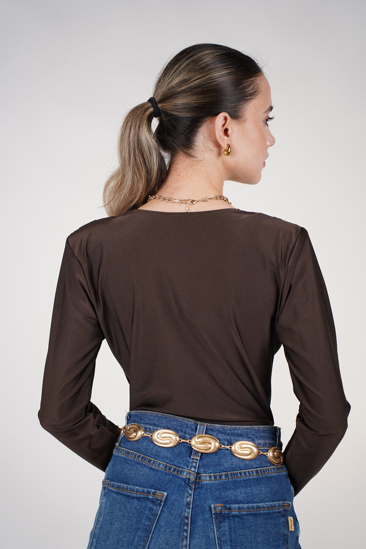 Marcelita Longsleeve Bodysuit – Satin Knot-Front Deep V Bodysuit