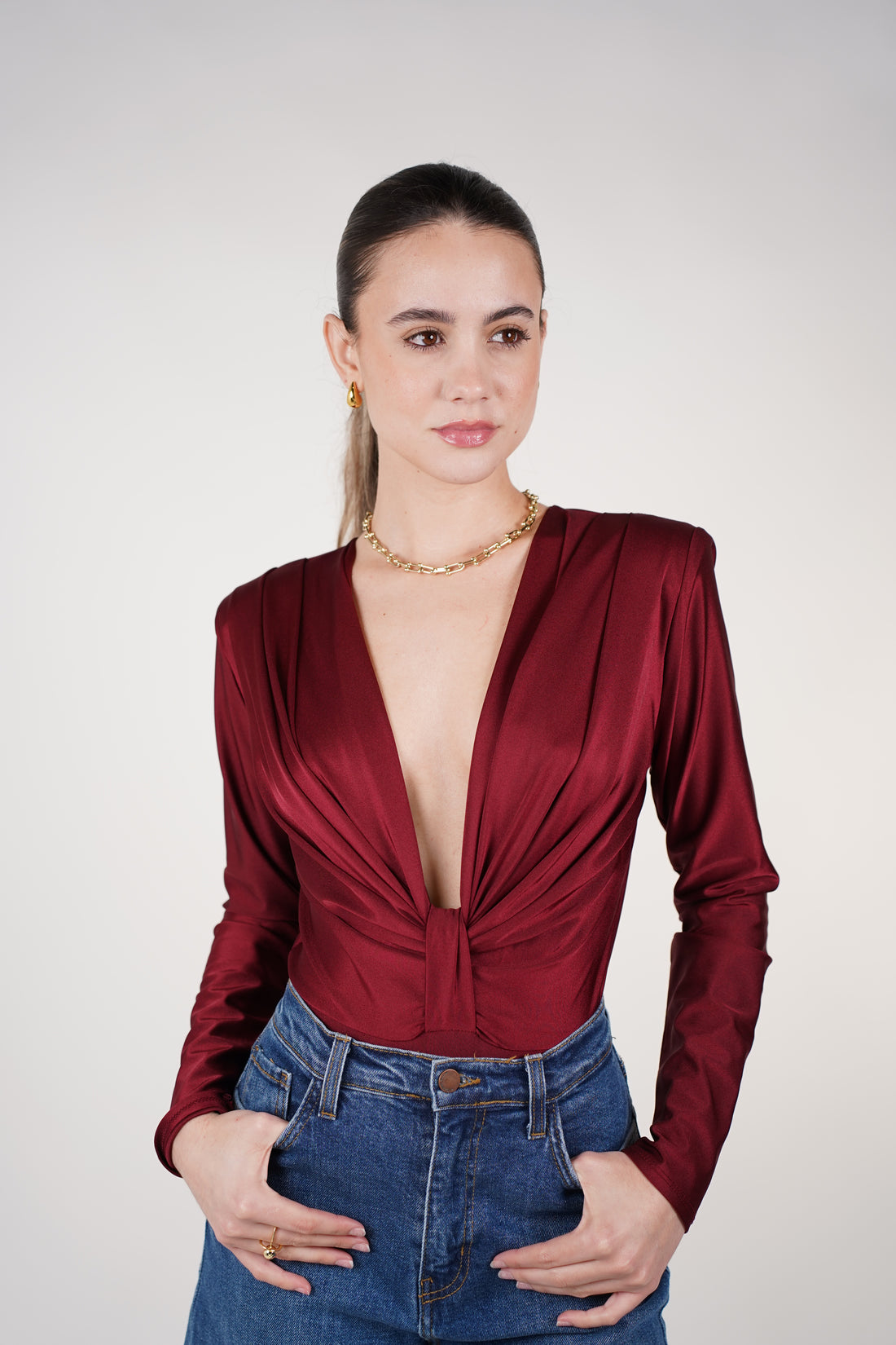 Marcelita Longsleeve Bodysuit – Satin Knot-Front Deep V Bodysuit