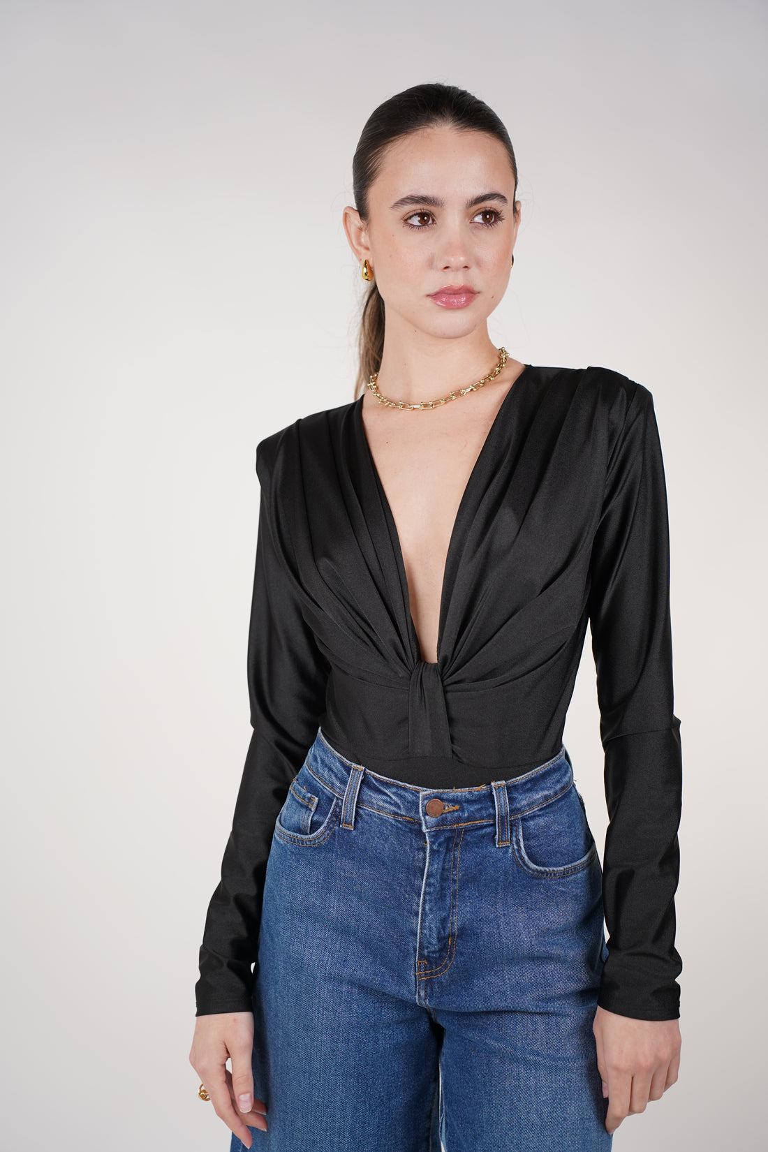 Marcelita Longsleeve Bodysuit – Satin Knot-Front Deep V Bodysuit