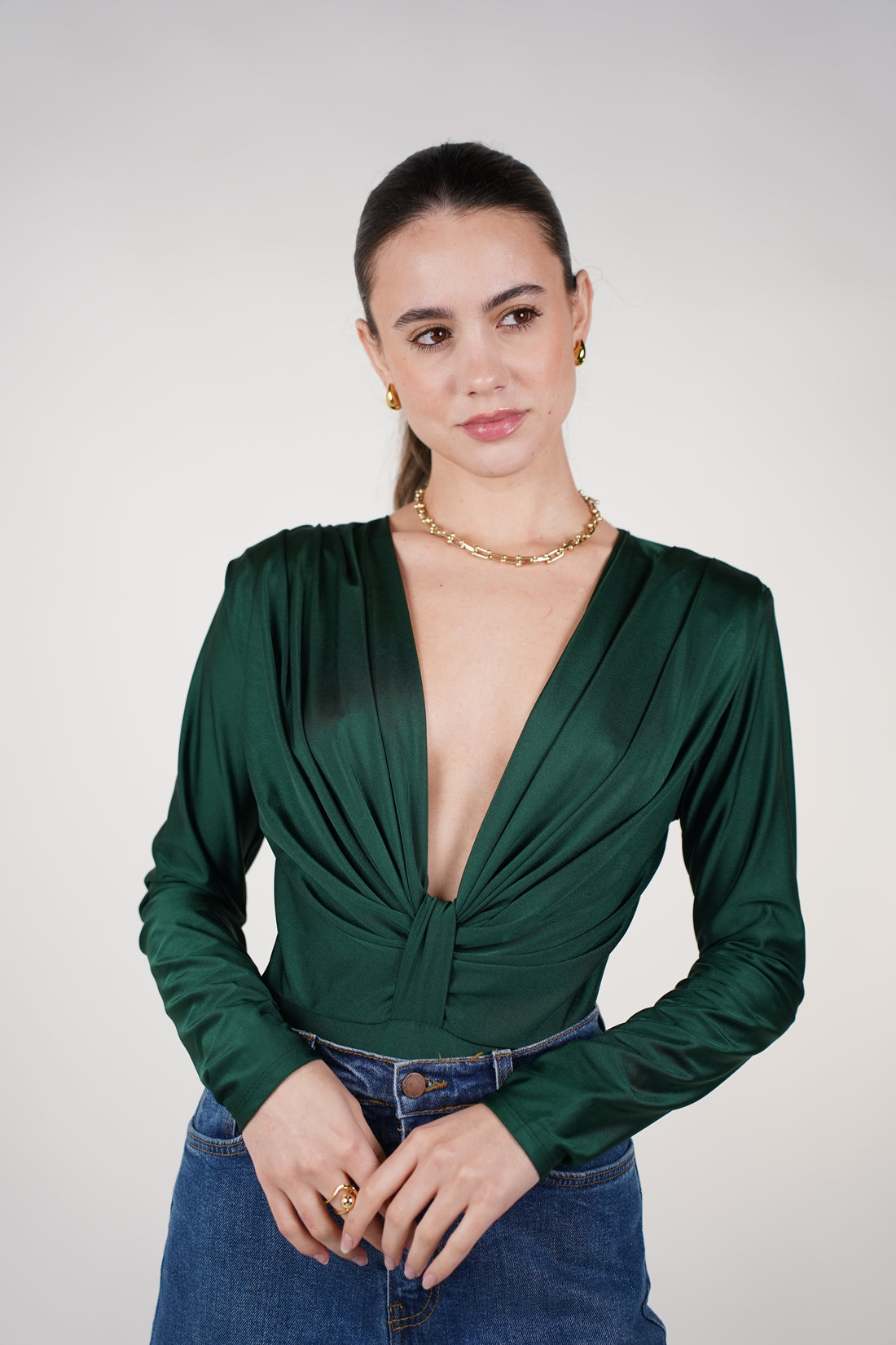 Marcelita Longsleeve Bodysuit – Satin Knot-Front Deep V Bodysuit