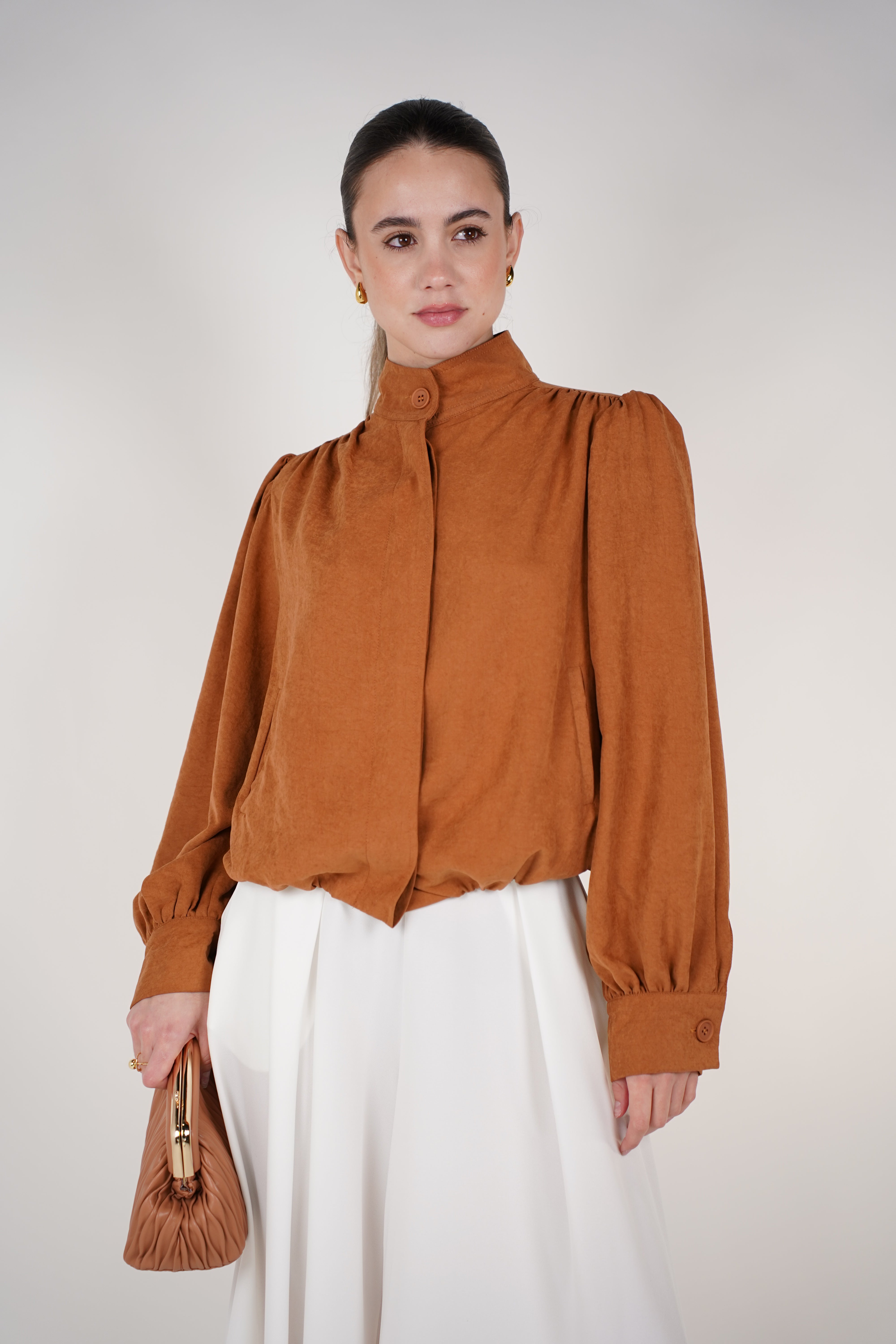 Kessia Balloon Hem Jacket – Soft Structured High-Neck Jacket in Caramel