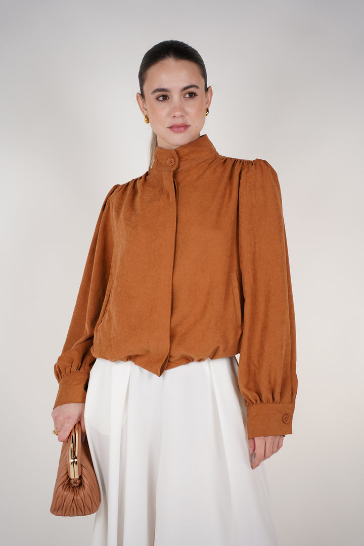 Kessia Balloon Hem Jacket – Soft Structured High-Neck Jacket in Caramel