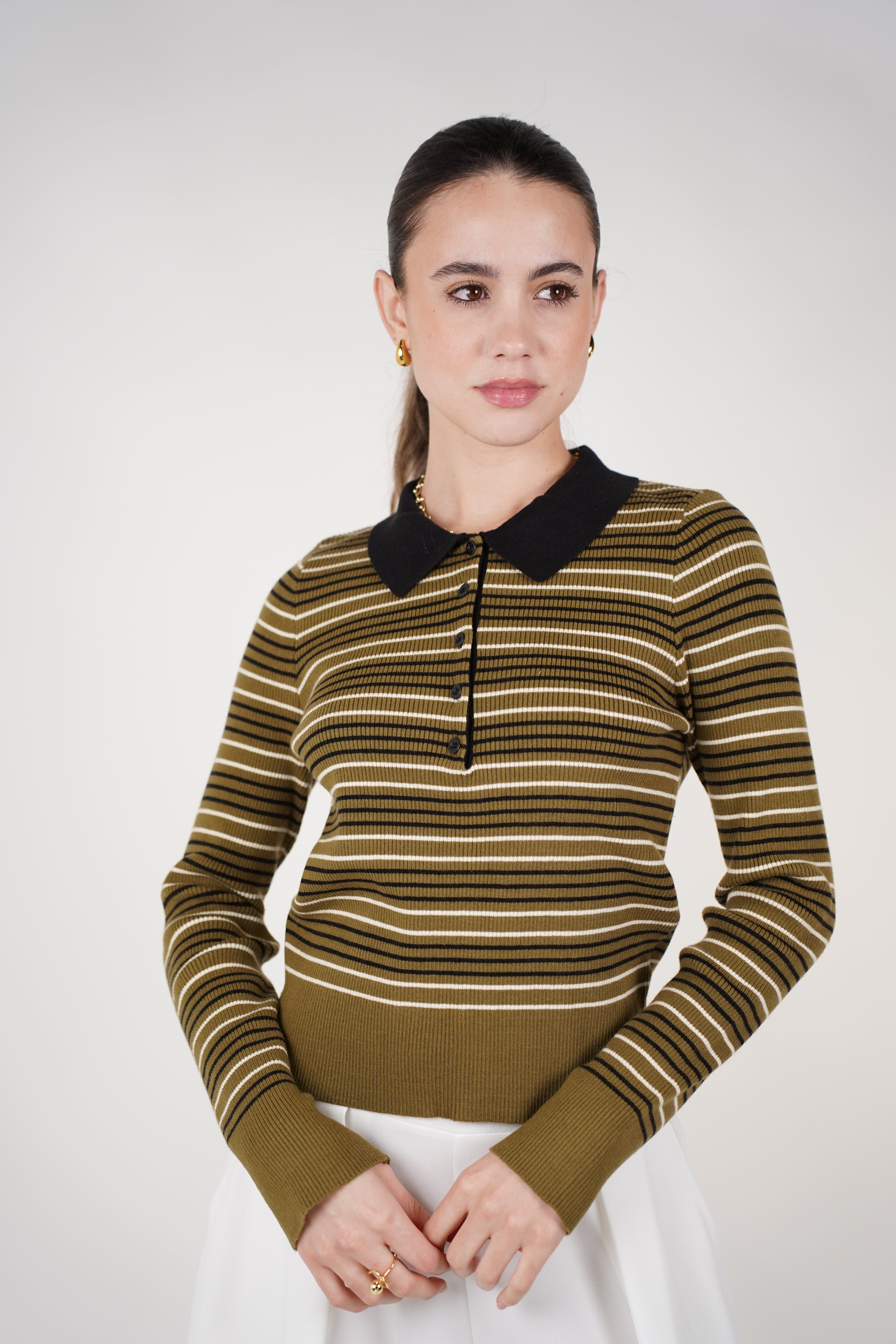 Lunora Stripped Polo Sweater – Ribbed Striped Knit with Contrast Collar