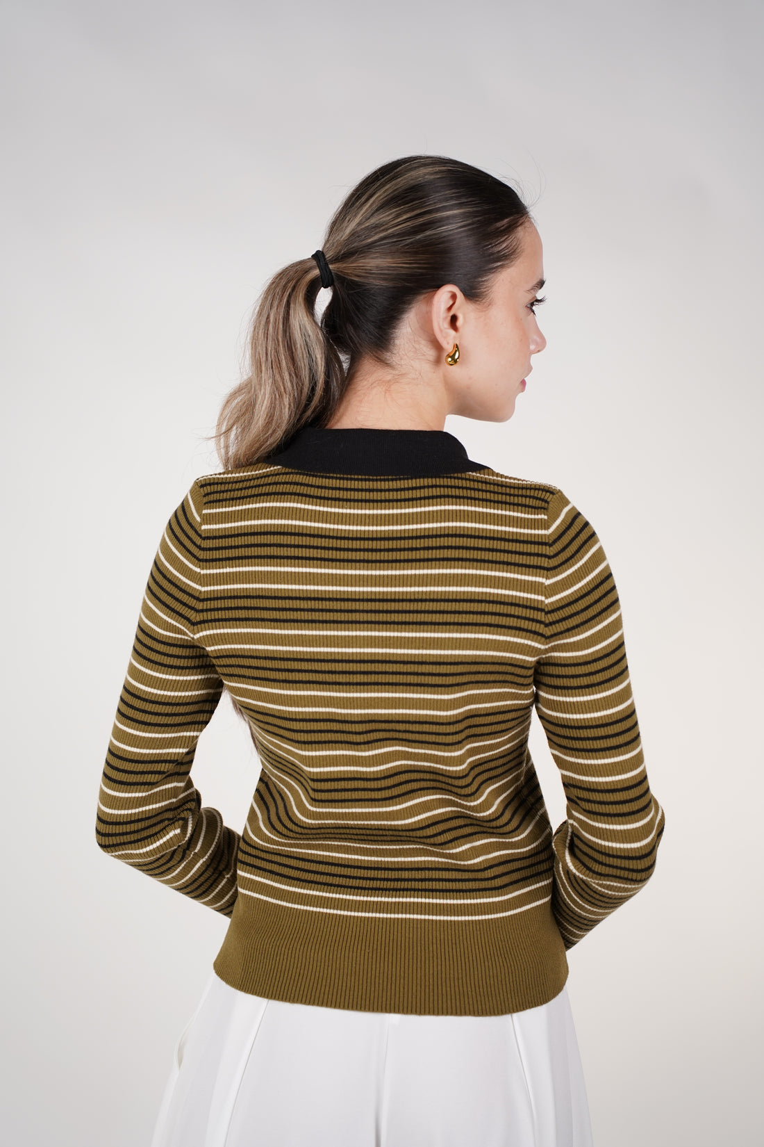 Lunora Stripped Polo Sweater – Ribbed Striped Knit with Contrast Collar