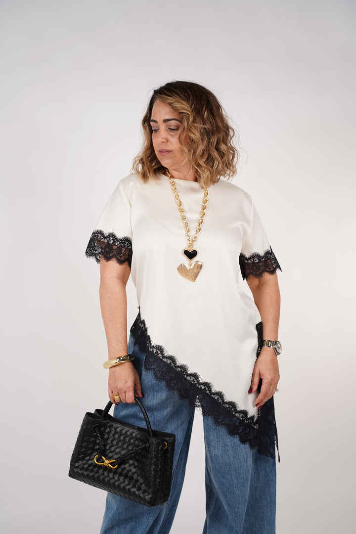 Elaris Lace Blouse – Asymmetrical Satin Top with Black Lace Trim