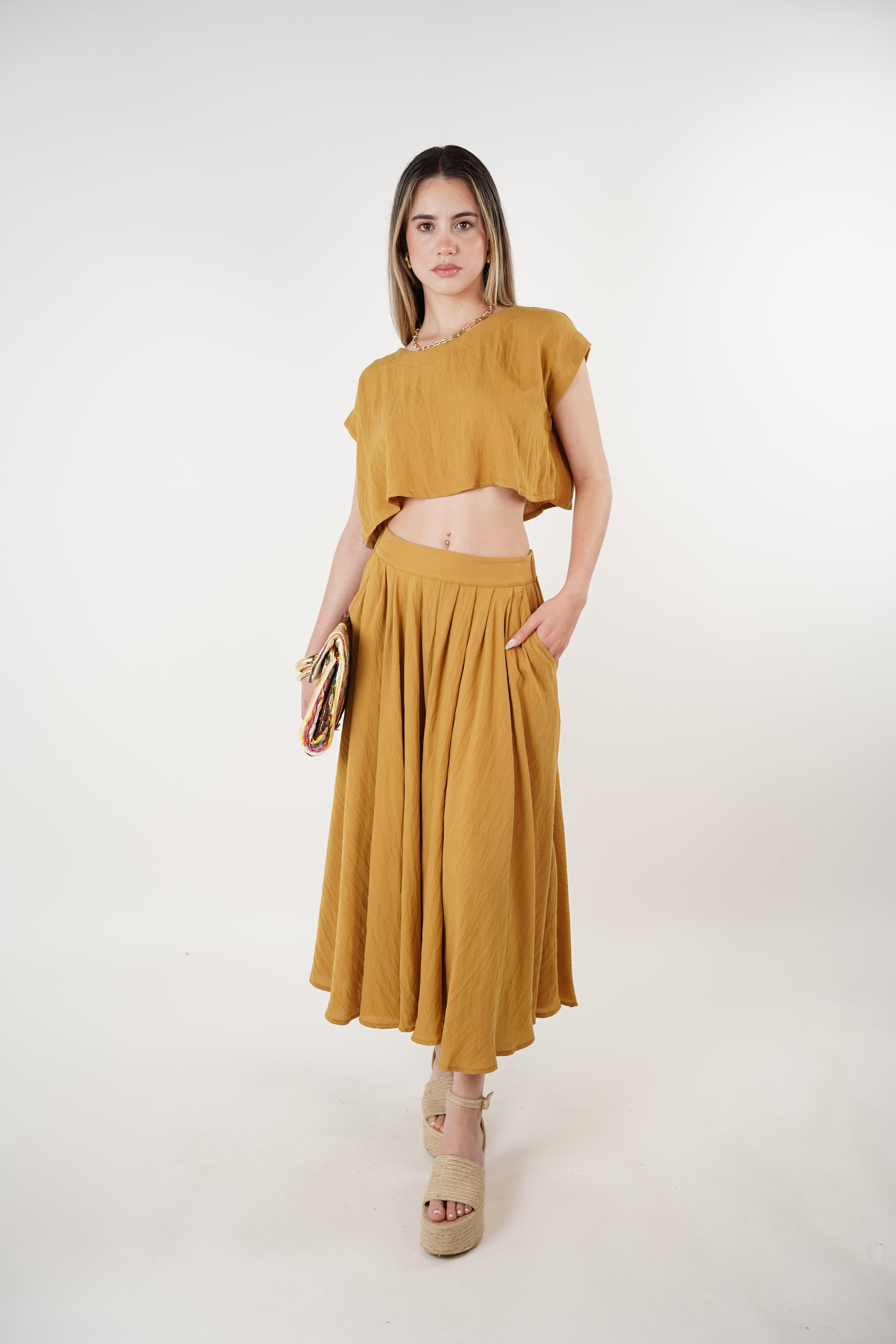 Yavi Skirt Set – Mustard Two-Piece with Flowing Skirt and Cropped Top
