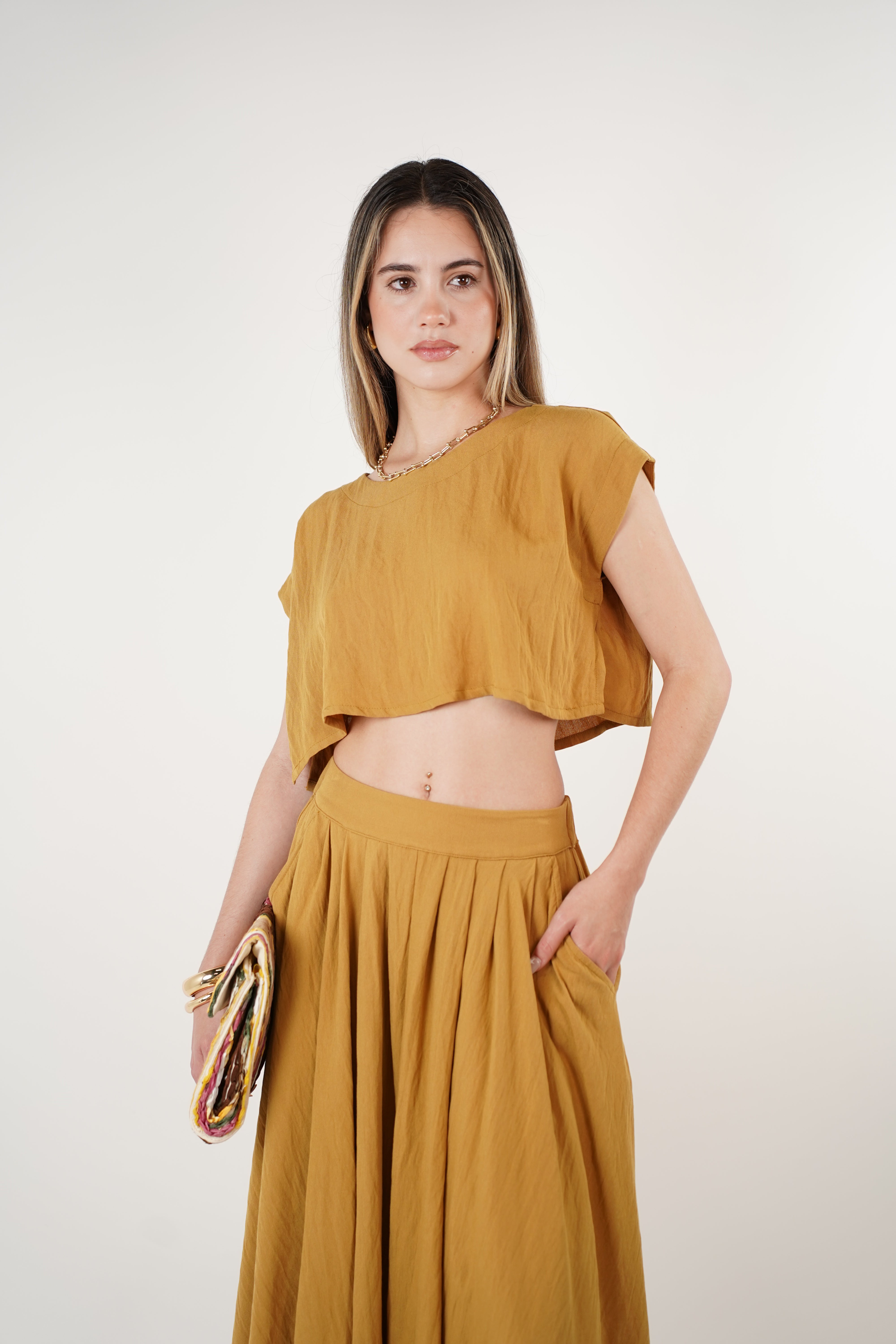 Yavi Skirt Set – Mustard Two-Piece with Flowing Skirt and Cropped Top