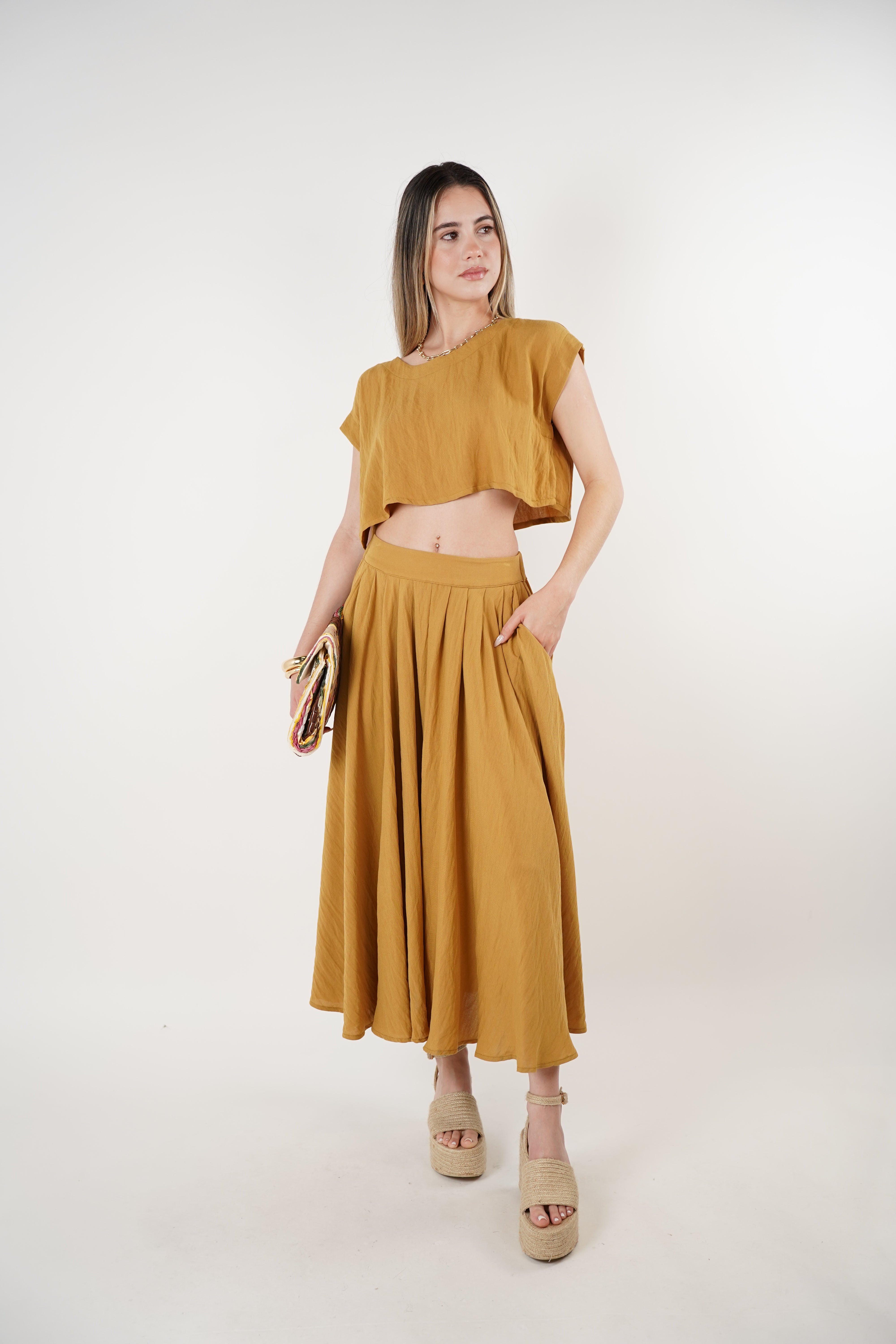 Yavi Skirt Set – Mustard Two-Piece with Flowing Skirt and Cropped Top