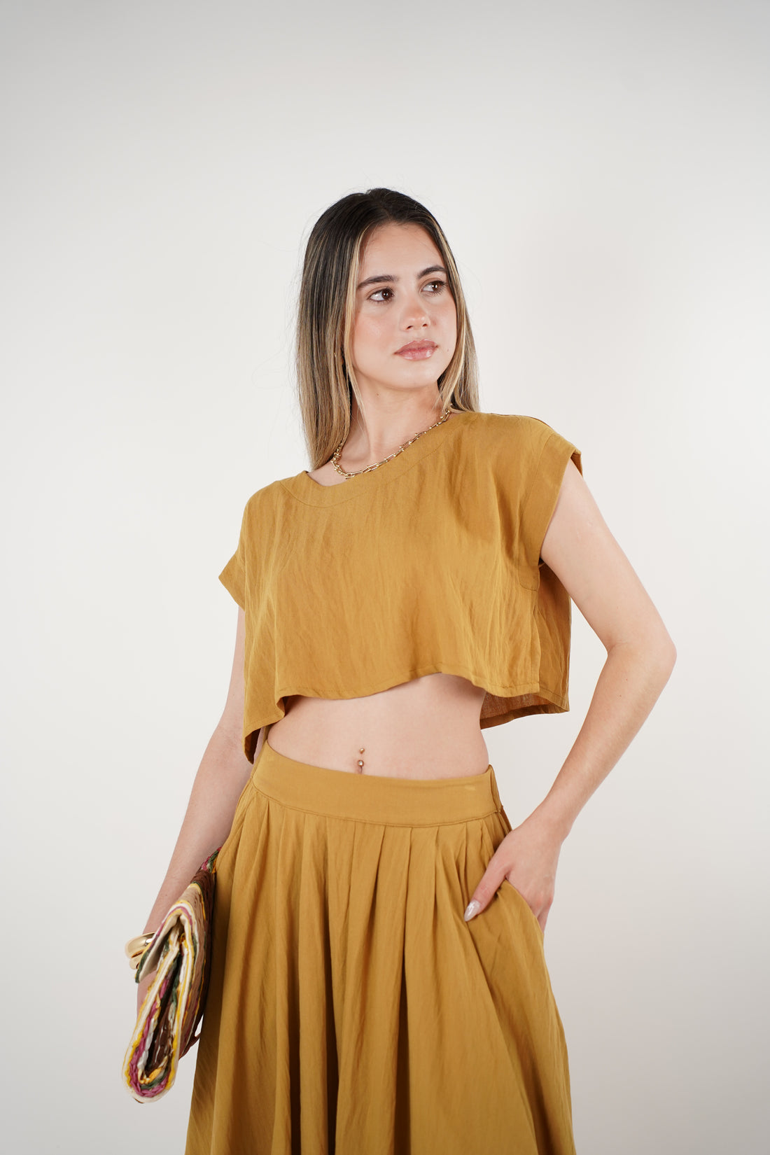 Yavi Skirt Set – Mustard Two-Piece with Flowing Skirt and Cropped Top