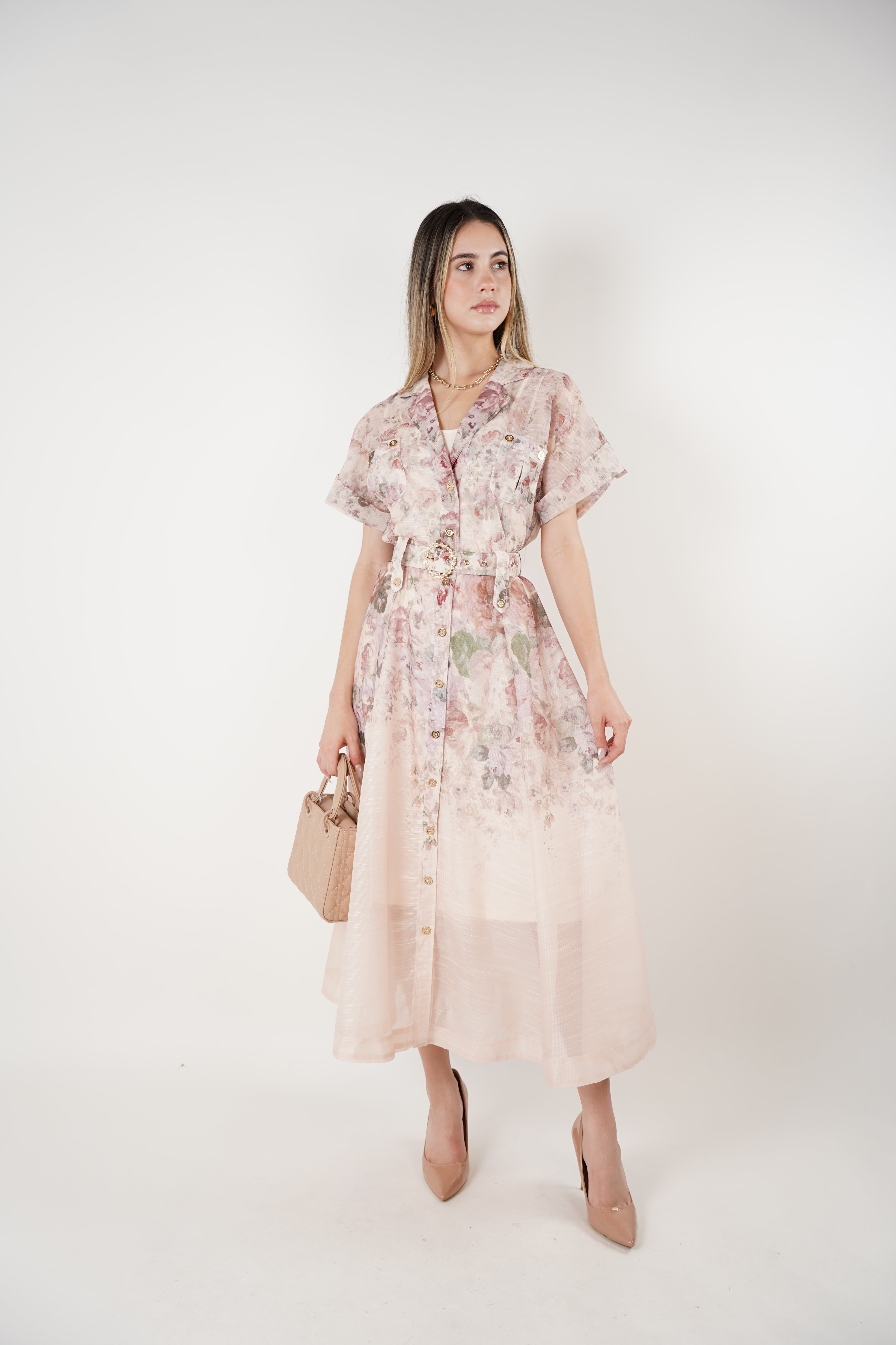 Oleni Stamped Maxi Belted Dress – Romantic Floral Button-Down Silhouette
